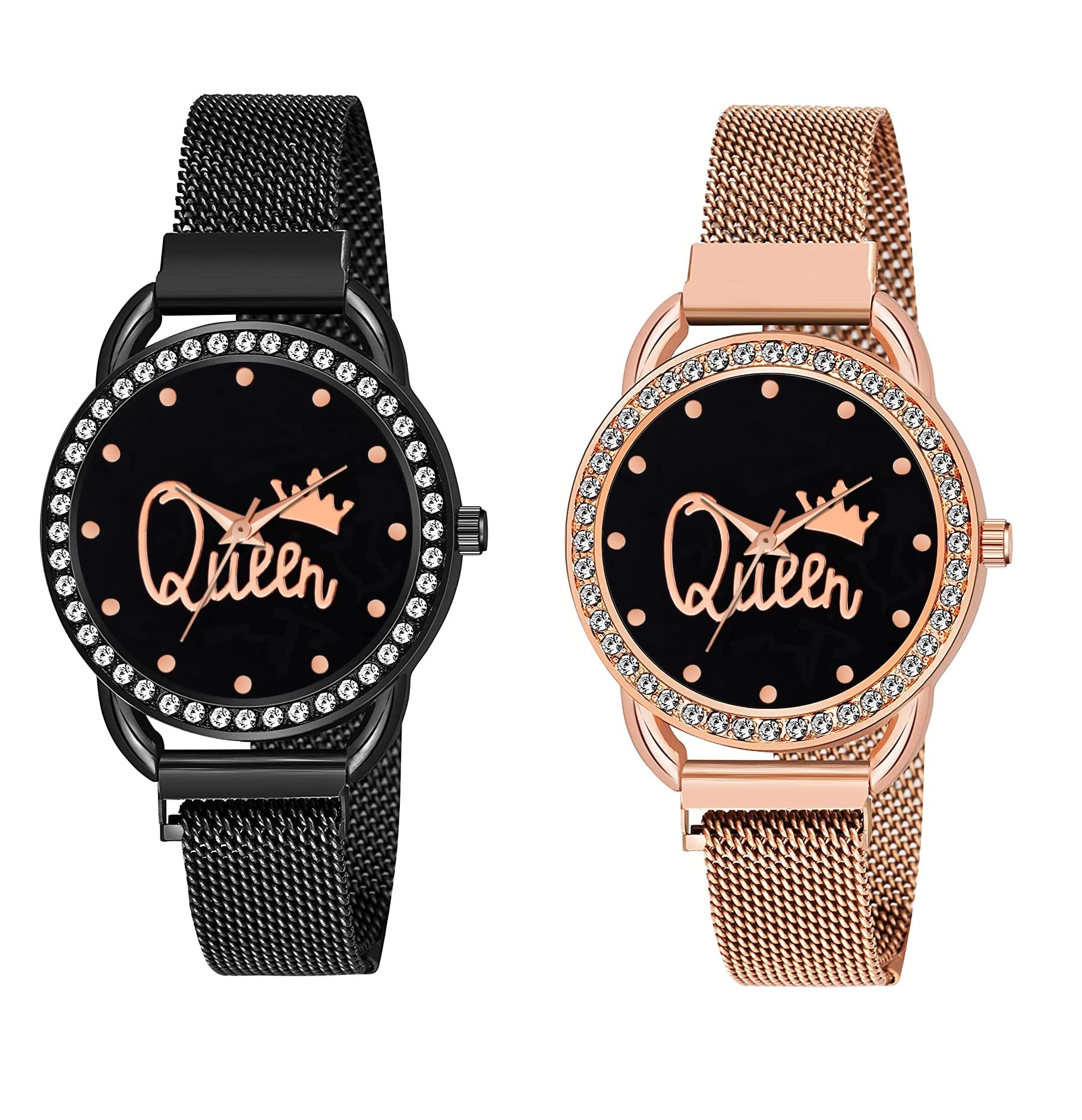KIARVI GALLERY Black and Gold Queen Dial Full Diamond Designer with Magnetic Metal Strap Analog Watch for Girls and Women (Pack of 2) (B098XVPLNY) Amazon Price History, Amazon Price Tracker