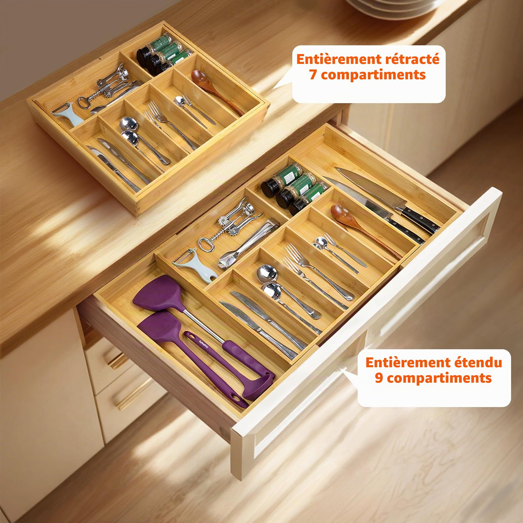 Utoplike Grande Range Couverts pour Tiroir de Cuisine en Bambou