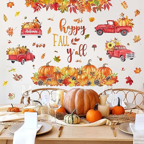 Miniatura 3 de Calcomanías de pared de 39.37 x 35.43 pulgadas, diseño de otoño y calabaza, arce, calcomanías de pared extraíbles para otoño, vacaciones, hogar,