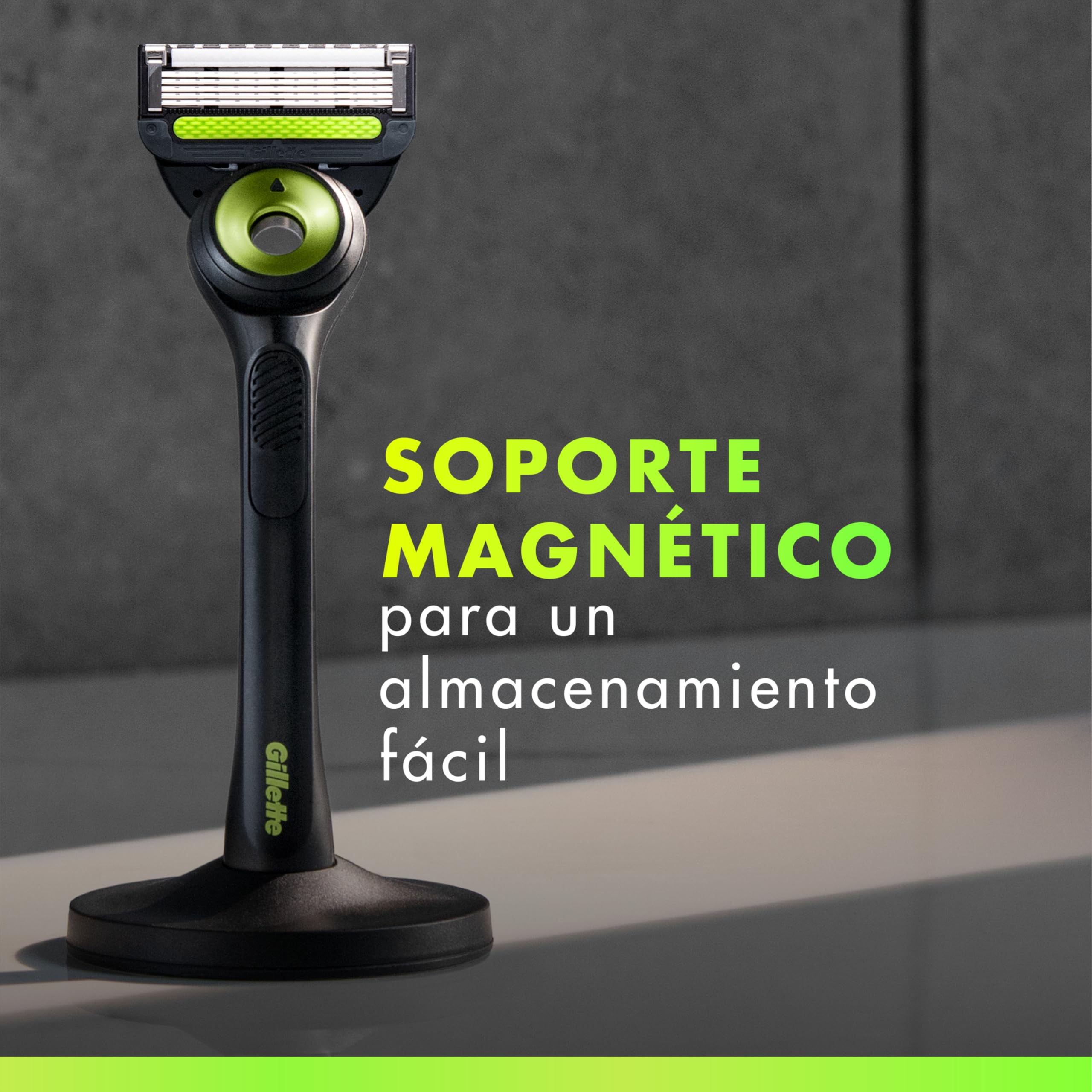 GilletteLabs Maquinilla de Afeitar Neon Night Edition con Recambios, 1 Mango de Metal con Barra Exfoliante Integrada, 8 Cuchillas con Banda Lubricante, 1 Soporte Magnético