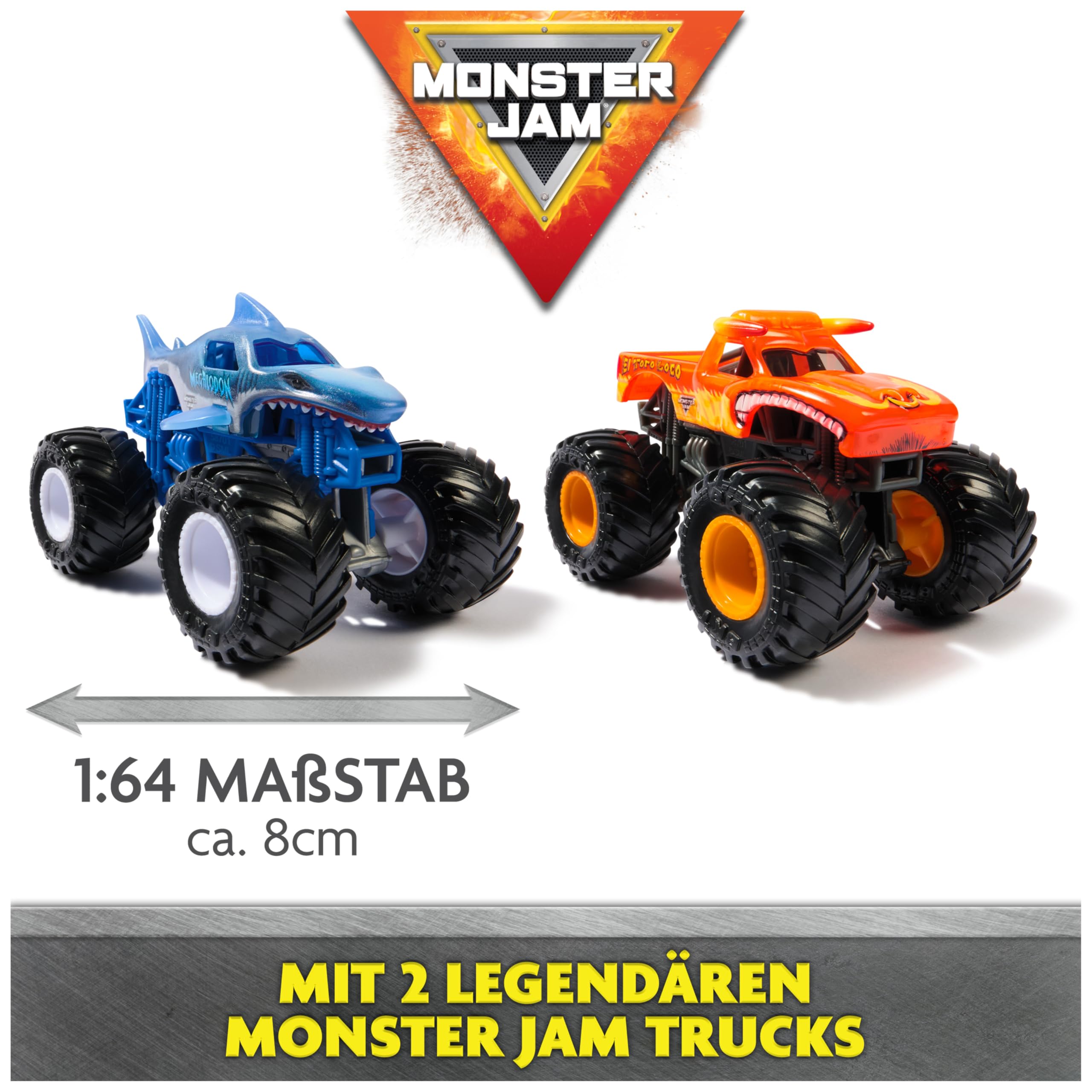 Monster Jam, Supercharge Speedway Spielset, mit den Trucks Megalodon und EL Toro Loco im Maßstab 1:64, actiongeladene motorisierte Stunt-Strecke mit Rampen, Beleuchtung und viel Zubehör, ab 3 Jahren | Maßstab 1:64, El Toro Loco und Megalodon, kompatibel m