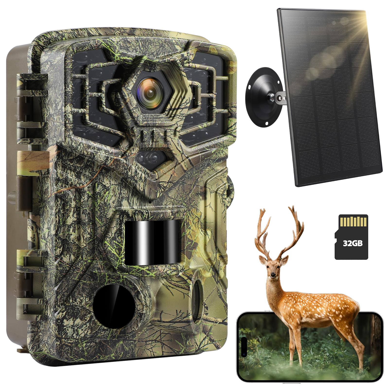 Briggren WiFi Solar Trail Camera - 2.7K 48MP Game Camera with Night Vision & 0.2s Trigger Speed, IP66 Waterproof, 32GB SD Card Included, 850nm Low
