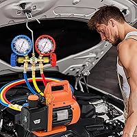 Vista 8 de Bomba de Vacío AC de 4.5 CFM y Juego de Manómetros, para Sistemas Mini Split/HVAC/Auto, Kit de Manómetro Múltiple Compatible con R134a R12 R22 R502