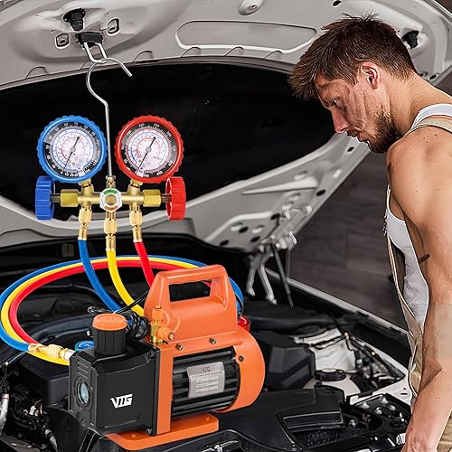 Miniatura 8 de Juego de bomba de vacío de CA de 4.5 CFM y calibrador, para sistemas Mini SplitHVACAuto, kit de manómetro compatible con R134a R12 R22 R502, incluye