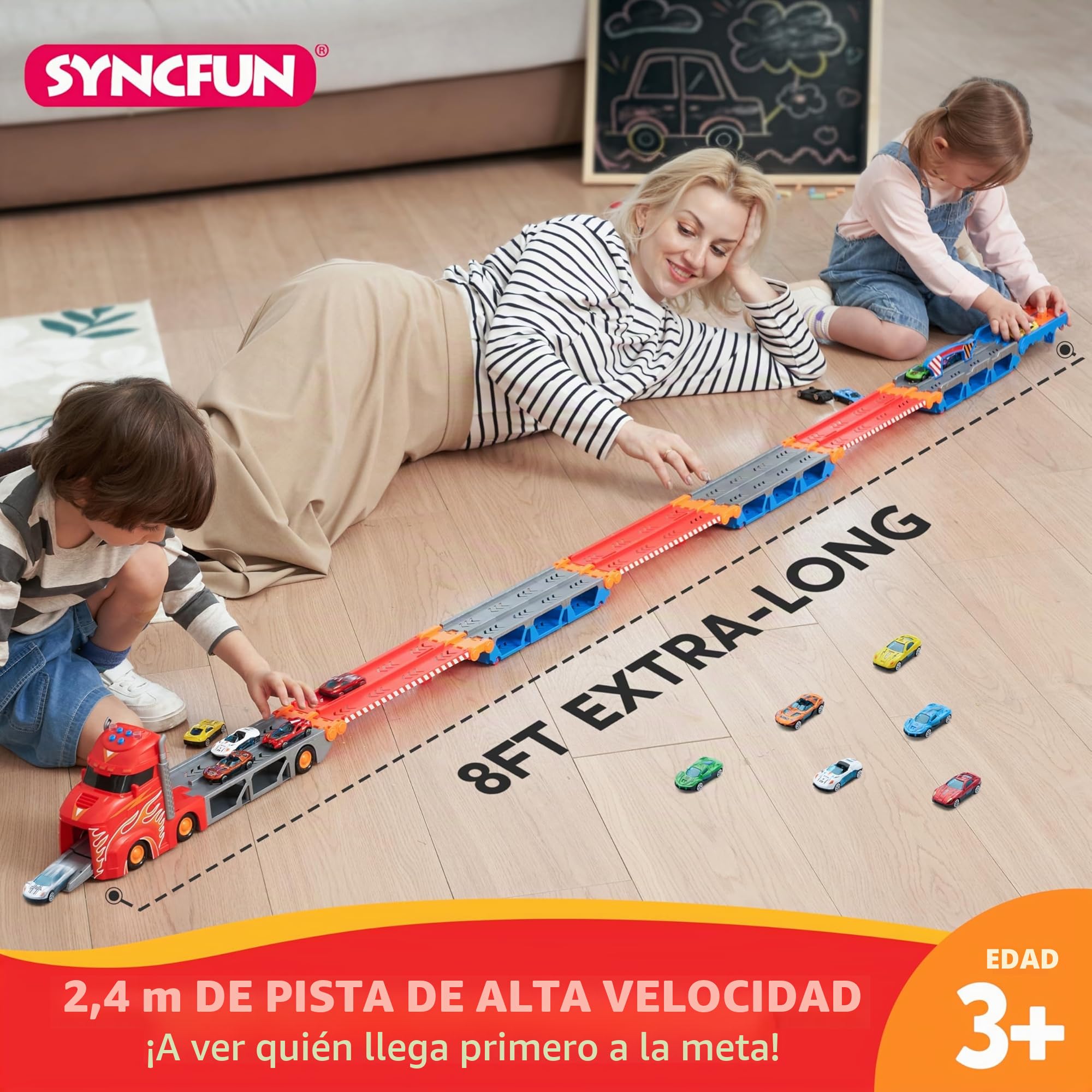 SYNCFUN Transport Race Truck Toy Cars, 2,4 metros gigante pista de carreras portador camión juguete, plegable 3 capas con 12 coches, luces y sonidos, regalo para 3, 4, 5, 6, 7 años, niños