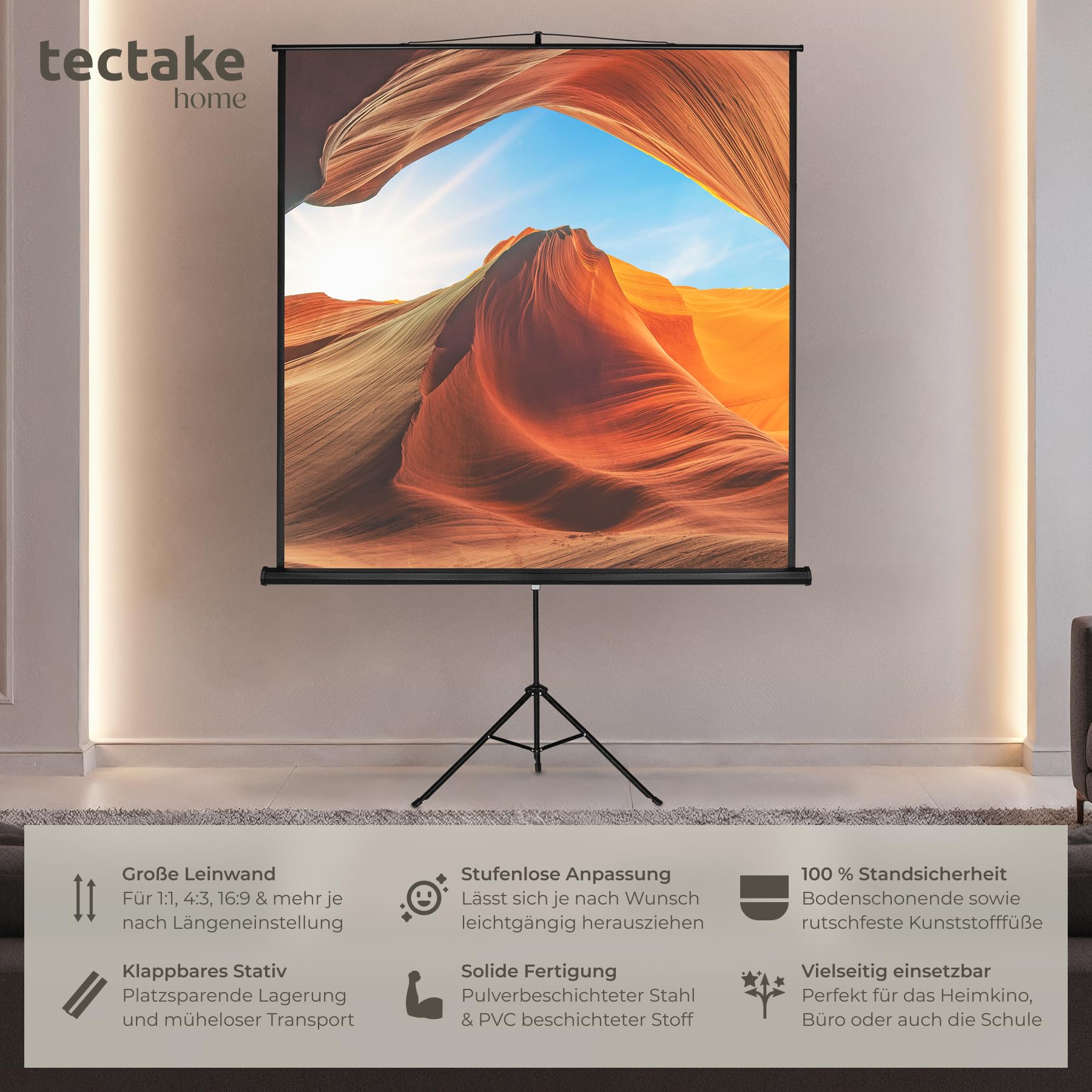tectake® Projektor Leinwand Beamer, Projektionsleinwand HDTV tauglich, Beamerleinwand, Mobile Leinwand mit Ständer, LCD optimiert für HD und 3D, Gain Faktor 1,0, für Heimkino, TV