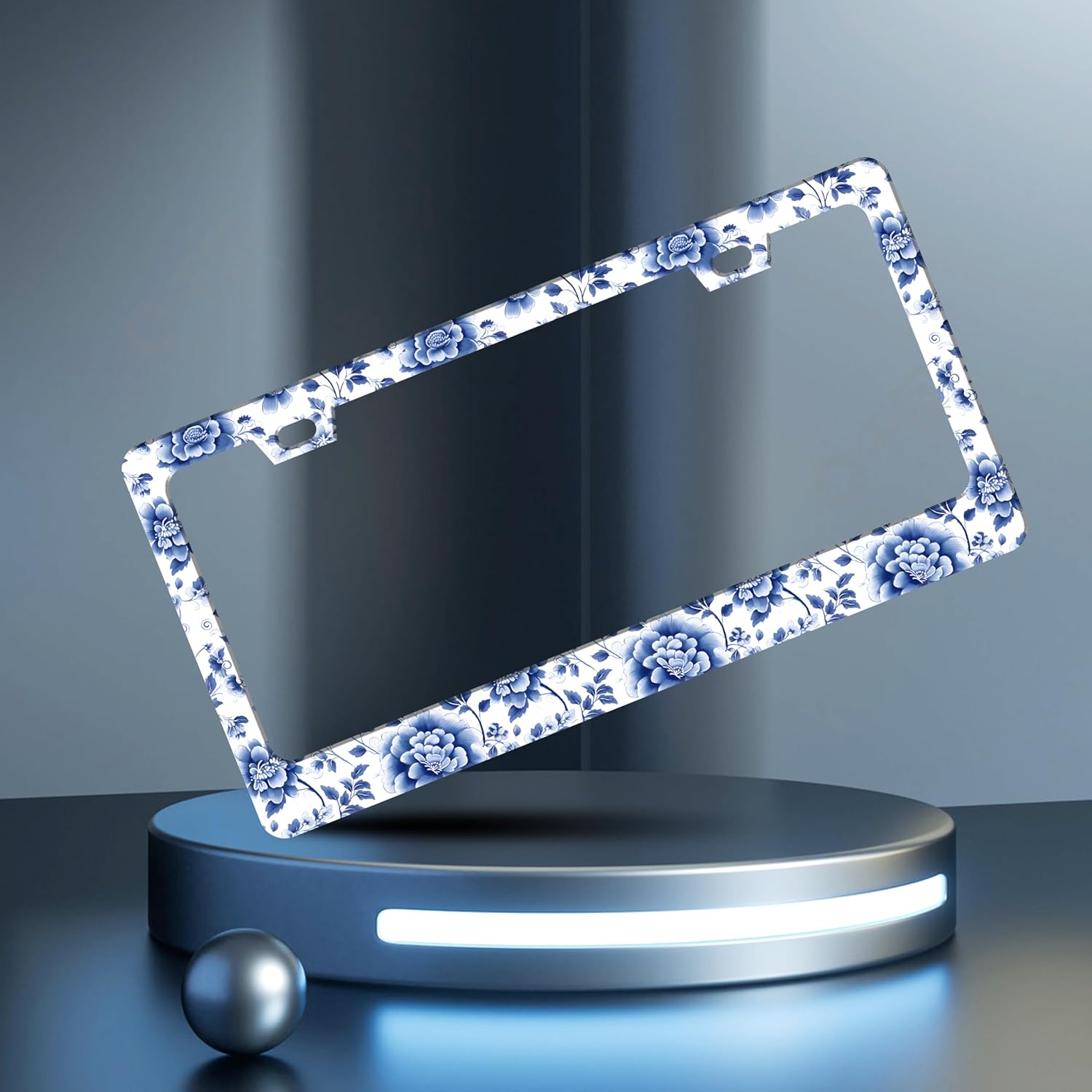 2 Pcs Blue White Porcelain Flowers License Plate Frame Floral License Plate Frames Personalise Stainless Steel Funny Design Compatible with Standard License Plate Holder for USA Canada 6 X 12 Inch