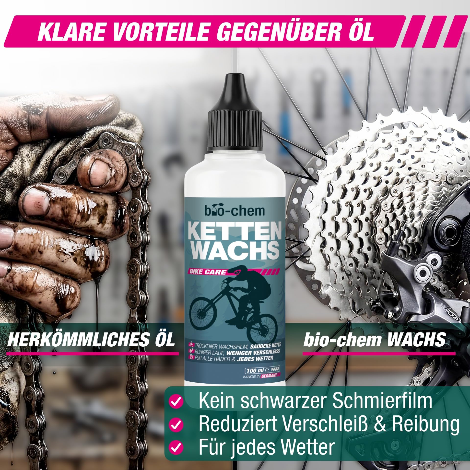 bio-chem Kettenwachs System Set 7-teilig für Fahrräder | Mit Kettenreiniger 1L, Kettenwachs 100ml, Shaker, Bürsten & Tuch für Rennrad, MTB & E-Bike
