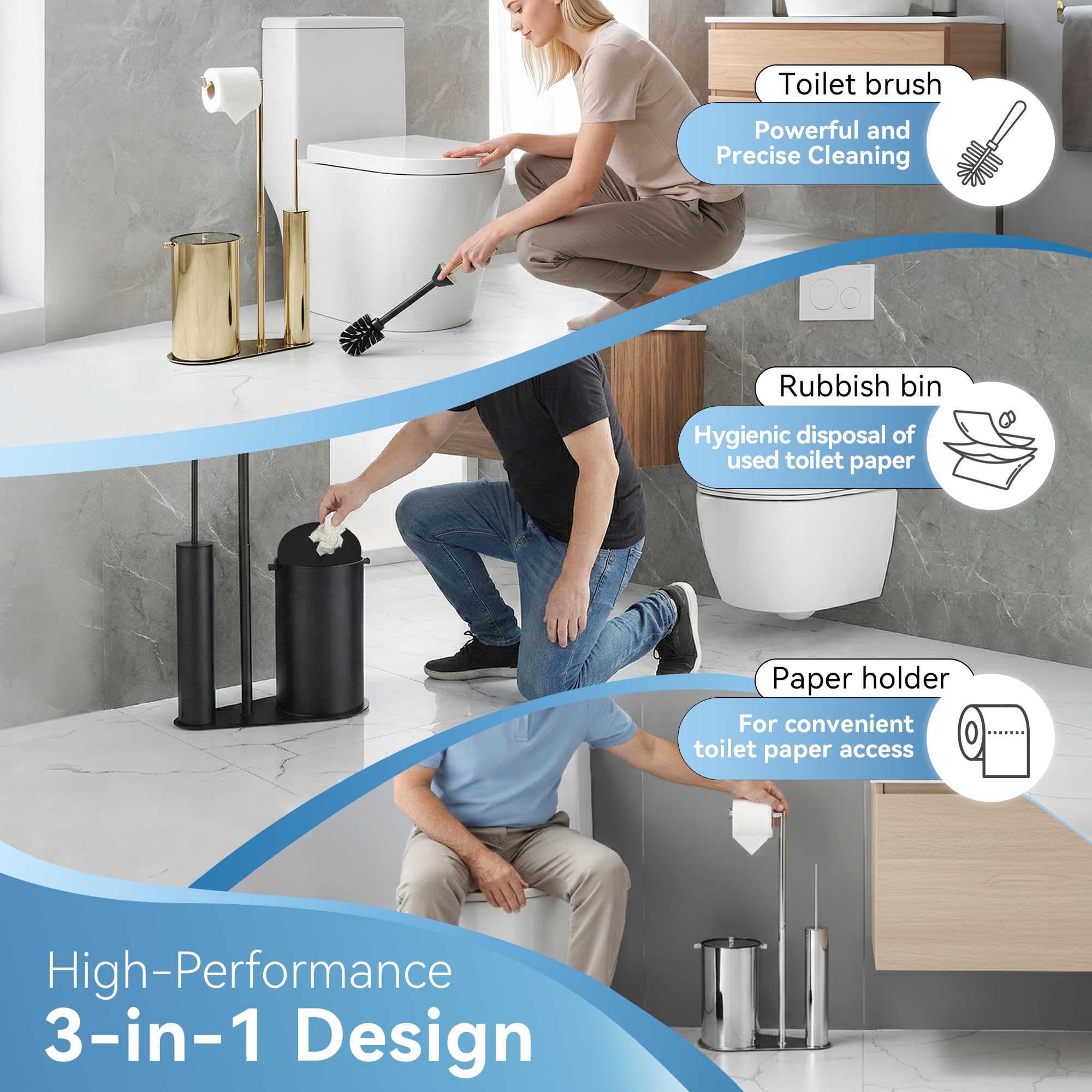 DAZI Portarrollos Papel higiénico con escobilla WC y Papelera, Set 3-en-1 de Acero Inoxidable con 2 Cepillo PP, Portarrollos para baño Ideal para Hogar, Apartamento y Aseo (Nickel Cepillado)