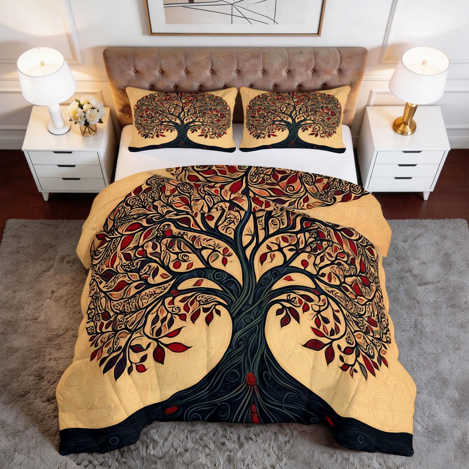 Trapunta Stampa 240 x 260 cm Silhouette Albero Della Vita Mandala Completo copripiumino Matrimoniale/Singolo in Microfibra Morbida – Traspirante, Anallergica & Lavabile – Trapuntatura a Rombi, Beige