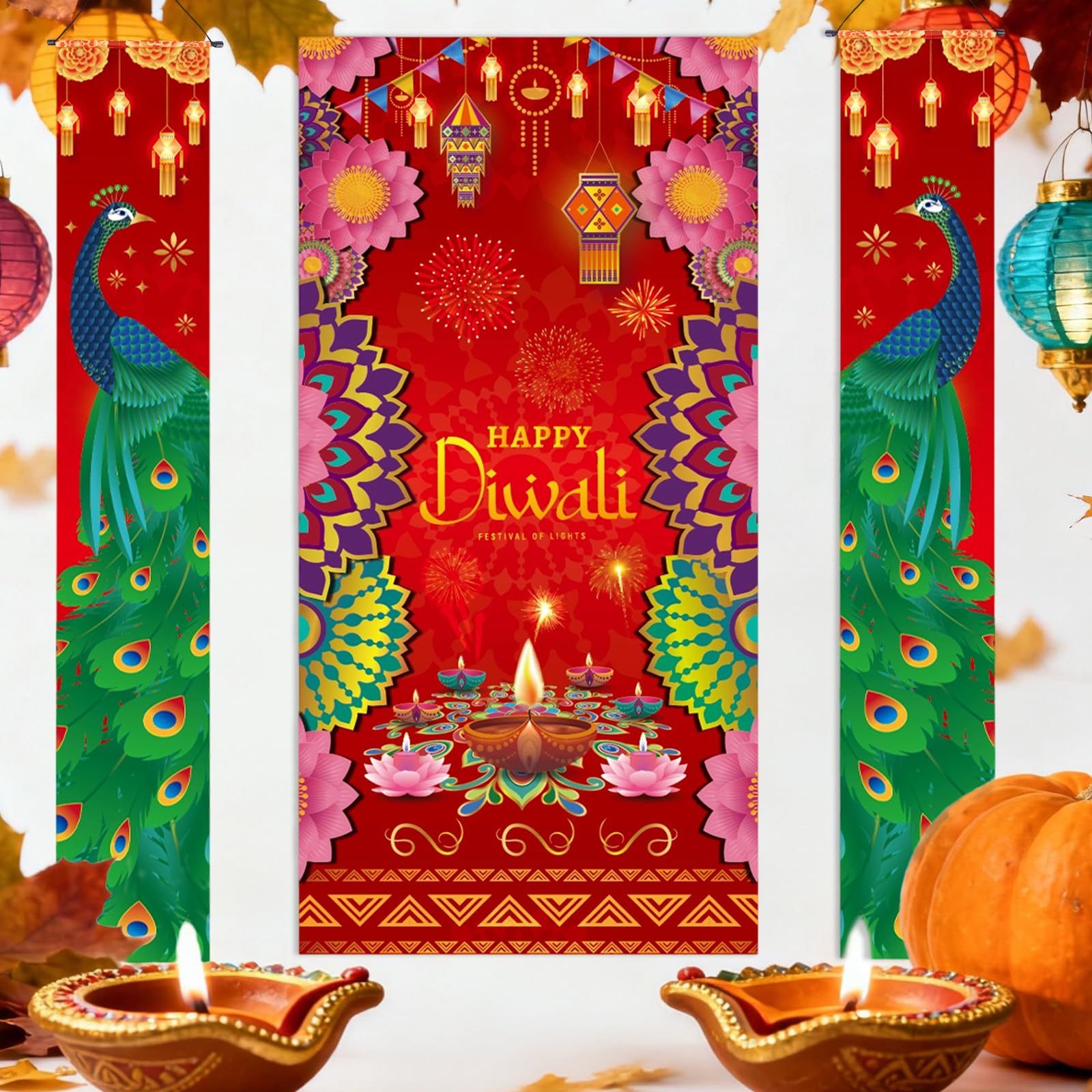 3pcs Happy Diwali Door Signs Set, Polyester Diwali Hanging Banners Peacock Festival of Light Door Decorations for Home Party