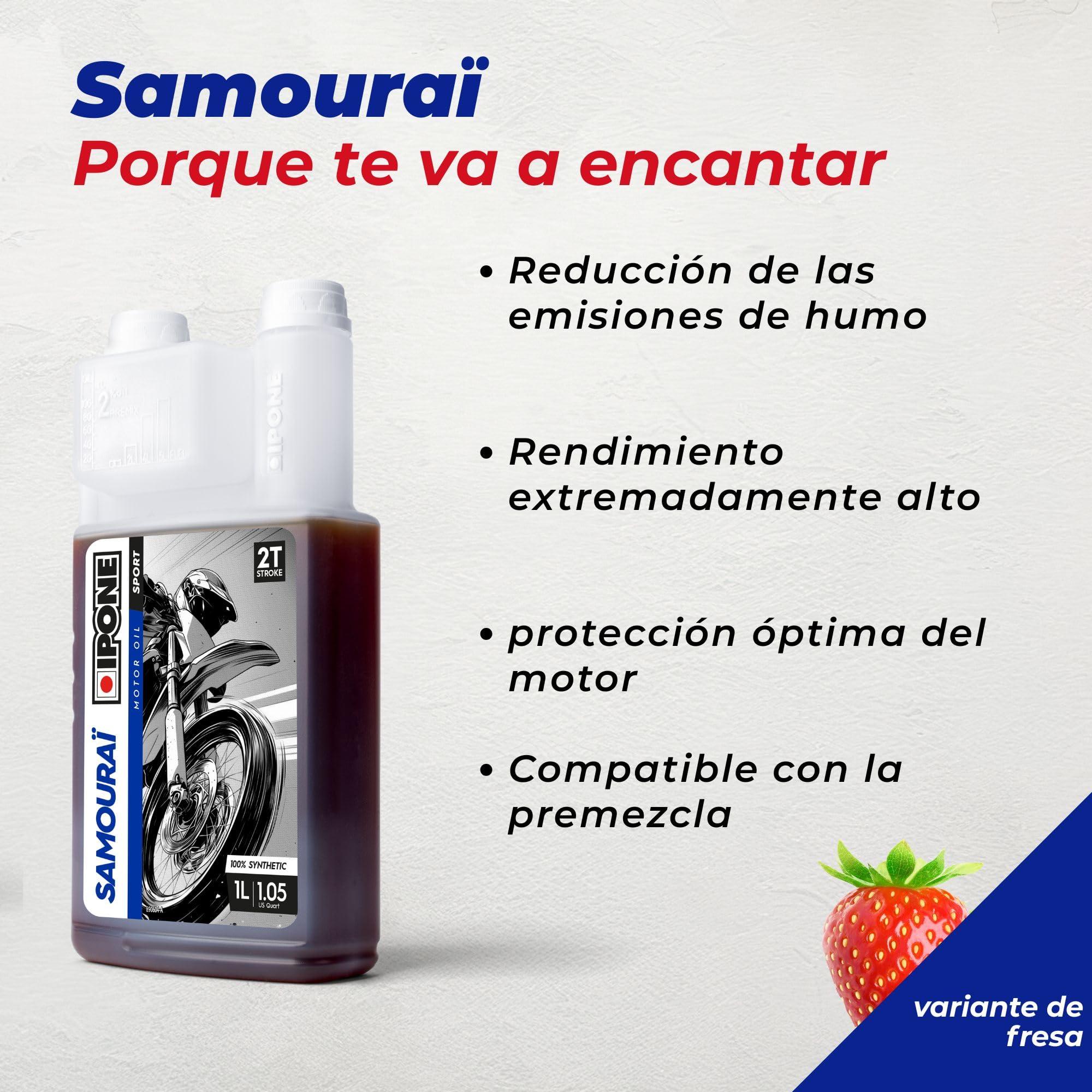 IPONE – Aceite de Motor para Moto 2 Tiempos Samouraï – Bidón dosificador 5 Litros - 100% sintético - Gama Sport - Altísimas prestaciones - Protección óptima del motor - Uso ocio y competición