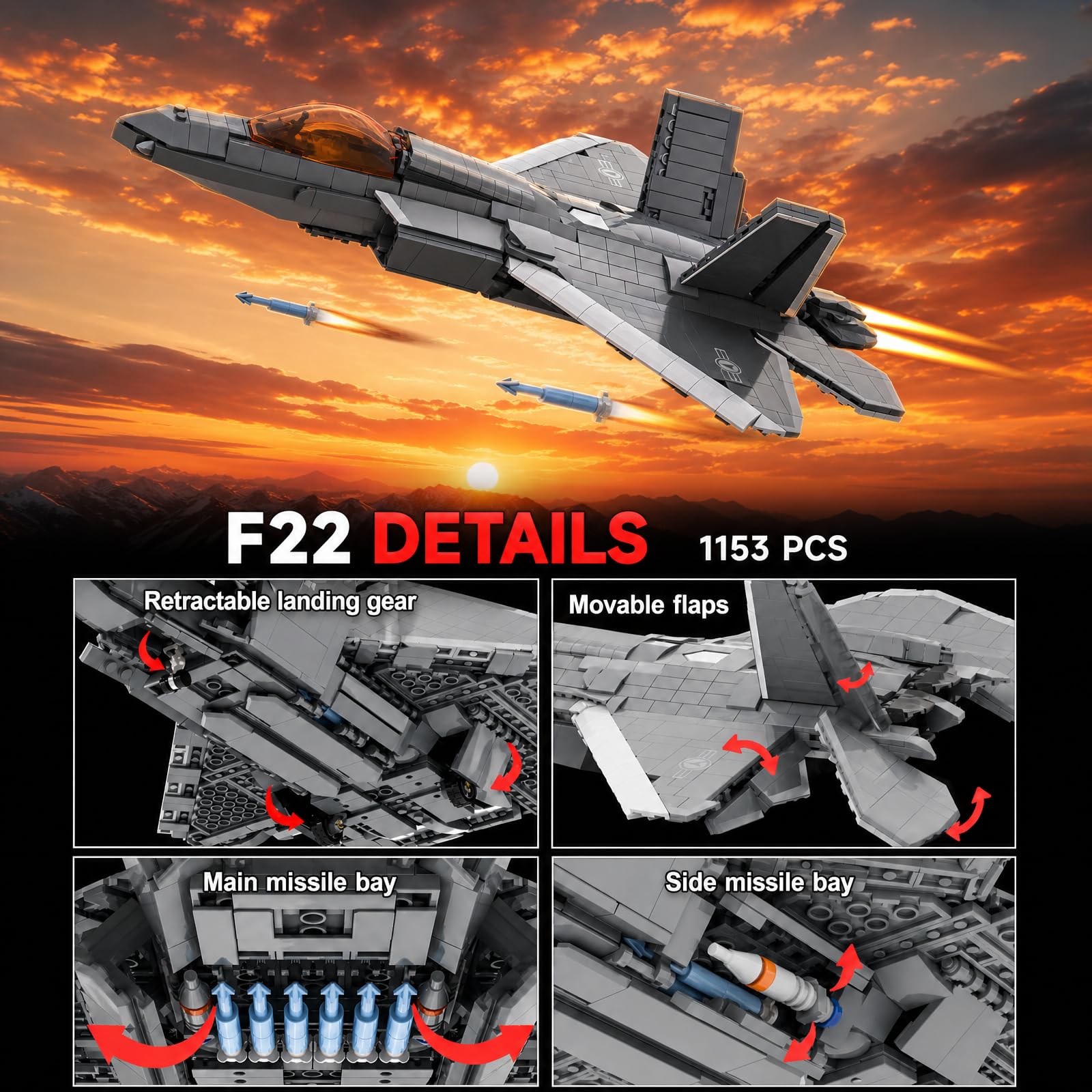 Sosuy F/22 Avión de Combate Juego de Construcción de Bloques, 1153 Pcs Ladrillos de Construcción Avión Militar de Juguetes Ejército para Adultos Niños 8+, Modelo de Regalo de Cumpleaños para Niñas