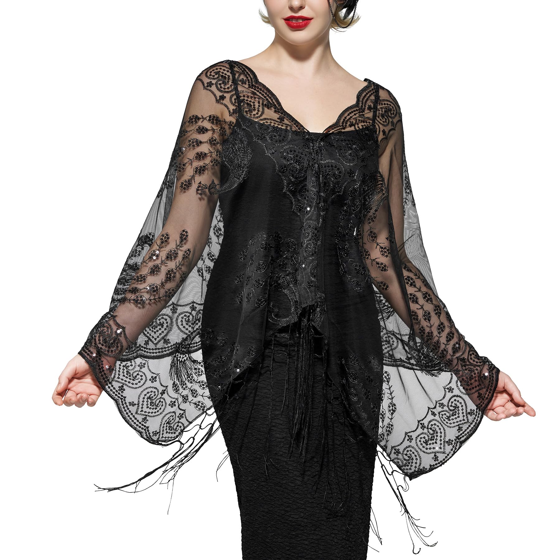 SWEETV Women's 1920s Long Shawl Wraps,Sequin Flapper Evening Shawls for women formal/Party/Wedding/Formal/Harlem night