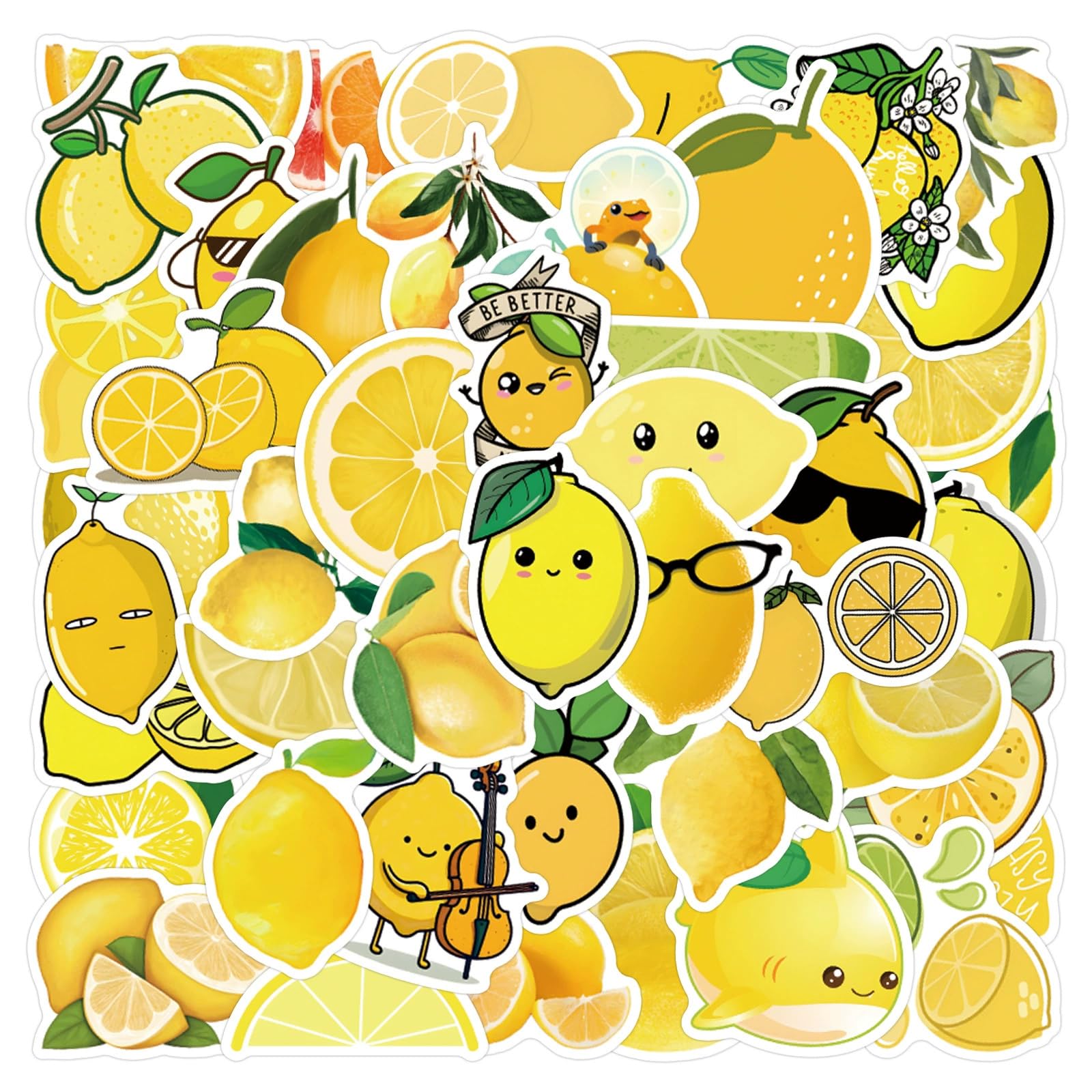 50 adesivi Kawaii in vinile con limoni freschi, impermeabili, per bottiglie d'acqua, laptop, bagagli, tazze, telefono cellulare, skateboard, chitarra (limone)