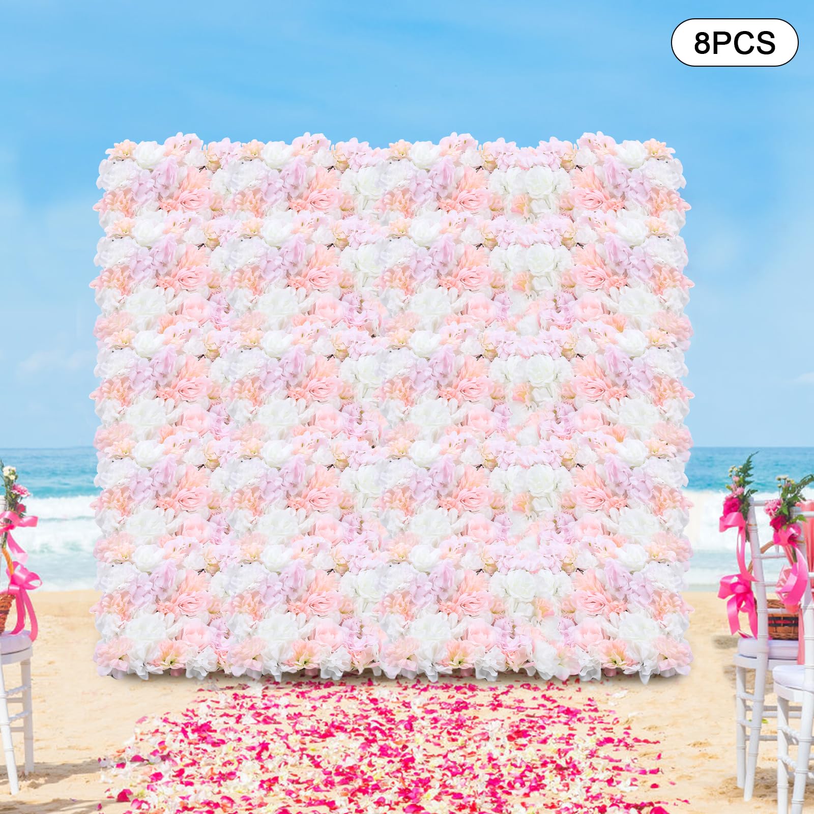 WooDerson 8 Stück Blumenwand Kunstblumen Rosa+Weiß 60x40cm Wandpaneel Mit Künstlichen Blumen Für DIY Hochzeit Party Festival Haus Garten Dekoration, Kunstblumen Deko