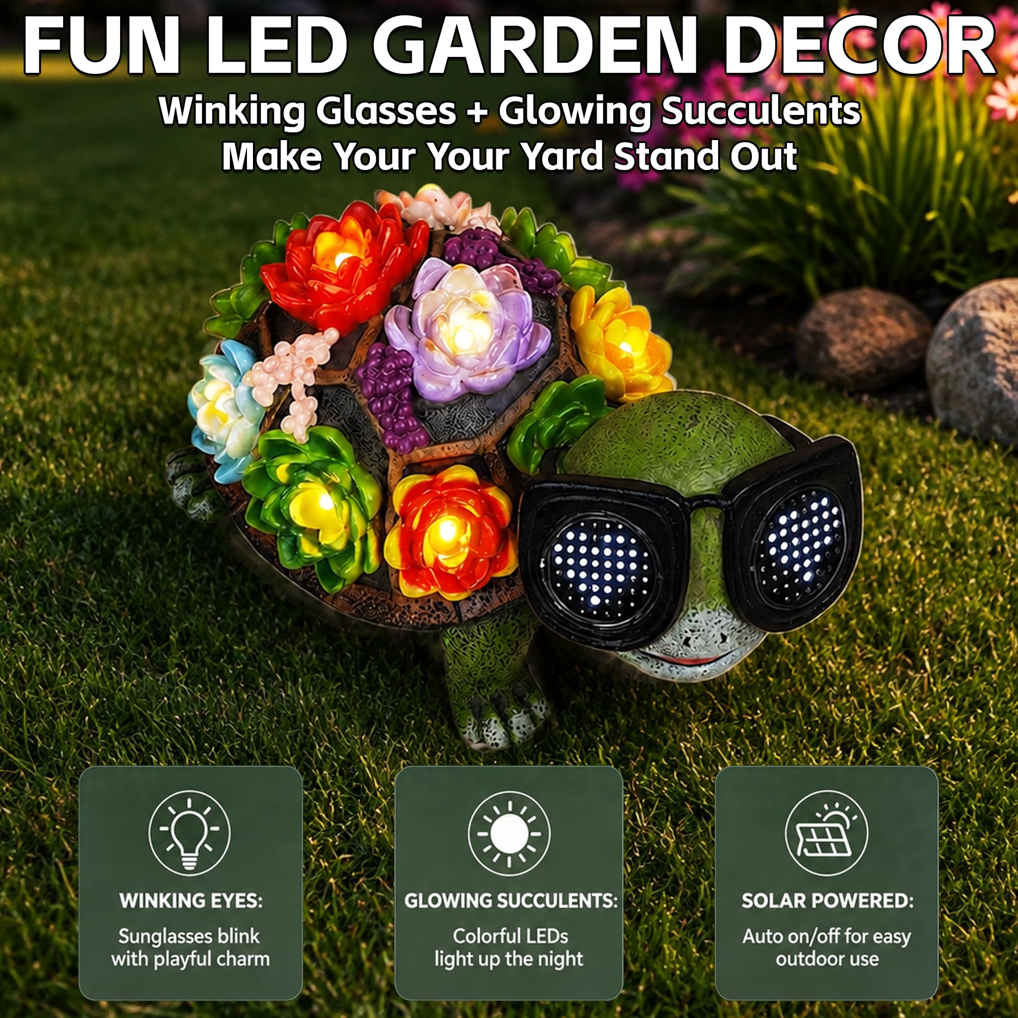 Statua di tartaruga decorativa da giardino a energia solare, statue da giardino con luci a LED, statuetta decorativa per esterni, cortile, prato, patio, veranda, balcone, regalo di compleanno unico