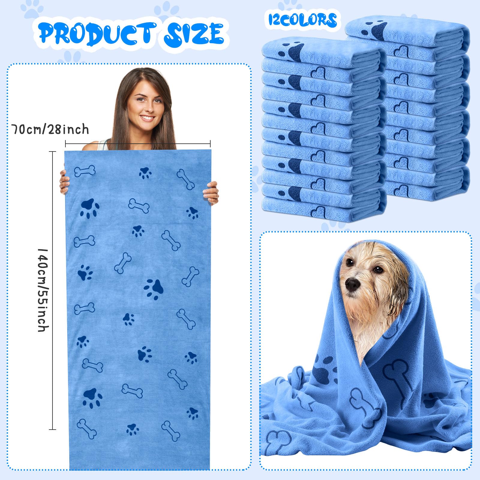 Lot de 12 serviettes de séchage en microfibre pour chien, chiot et chat de petite, moyenne et grande taille, 71,1 x 149,7 cm (bleu, patte, os)