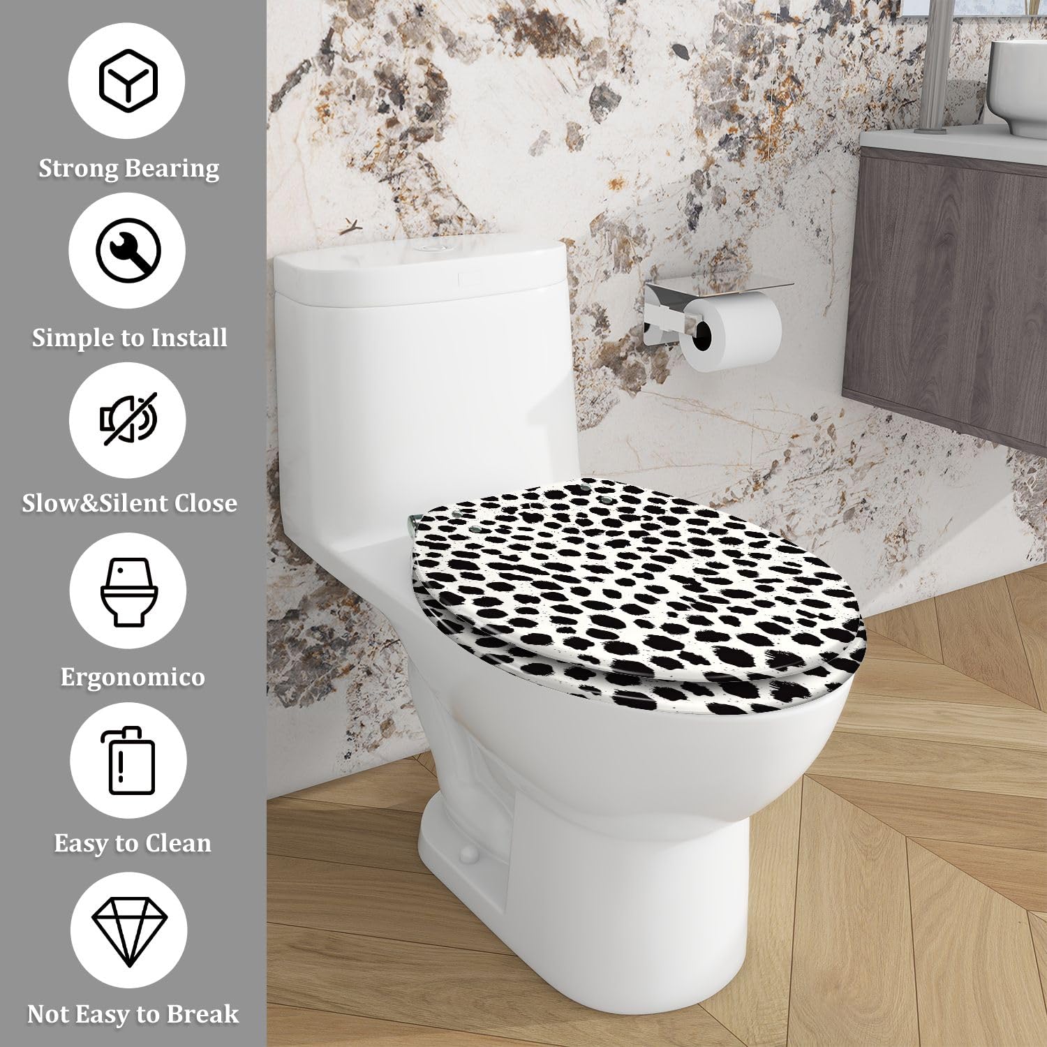Asiento de inodoro alargado de resina con estampado de piel dálmata para baño