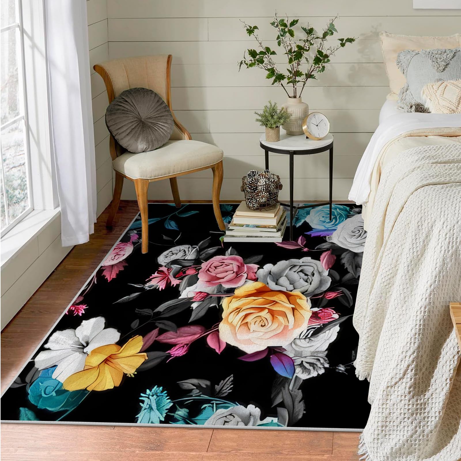 Teppich Quadratisch 150x150 Farbenfrohe Blumen Teppich Kurzflor Waschbar in Waschmaschine Rosen Teppich Gegend rutschfest Dünn Saugfähig für Wohnzimmer Schlafzimmer Küchen