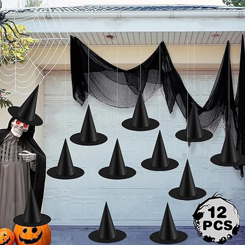 Paquete de 12 sombreros de bruja negros de Halloween, sombrero de disfraz de bruja colgante con línea de pesca de nailon para decoración de patio de