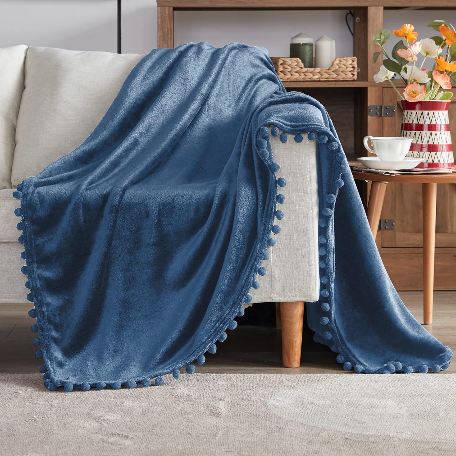 BEAUTEX Fleece Throw Blanket with Pompom Fringe Twin Size