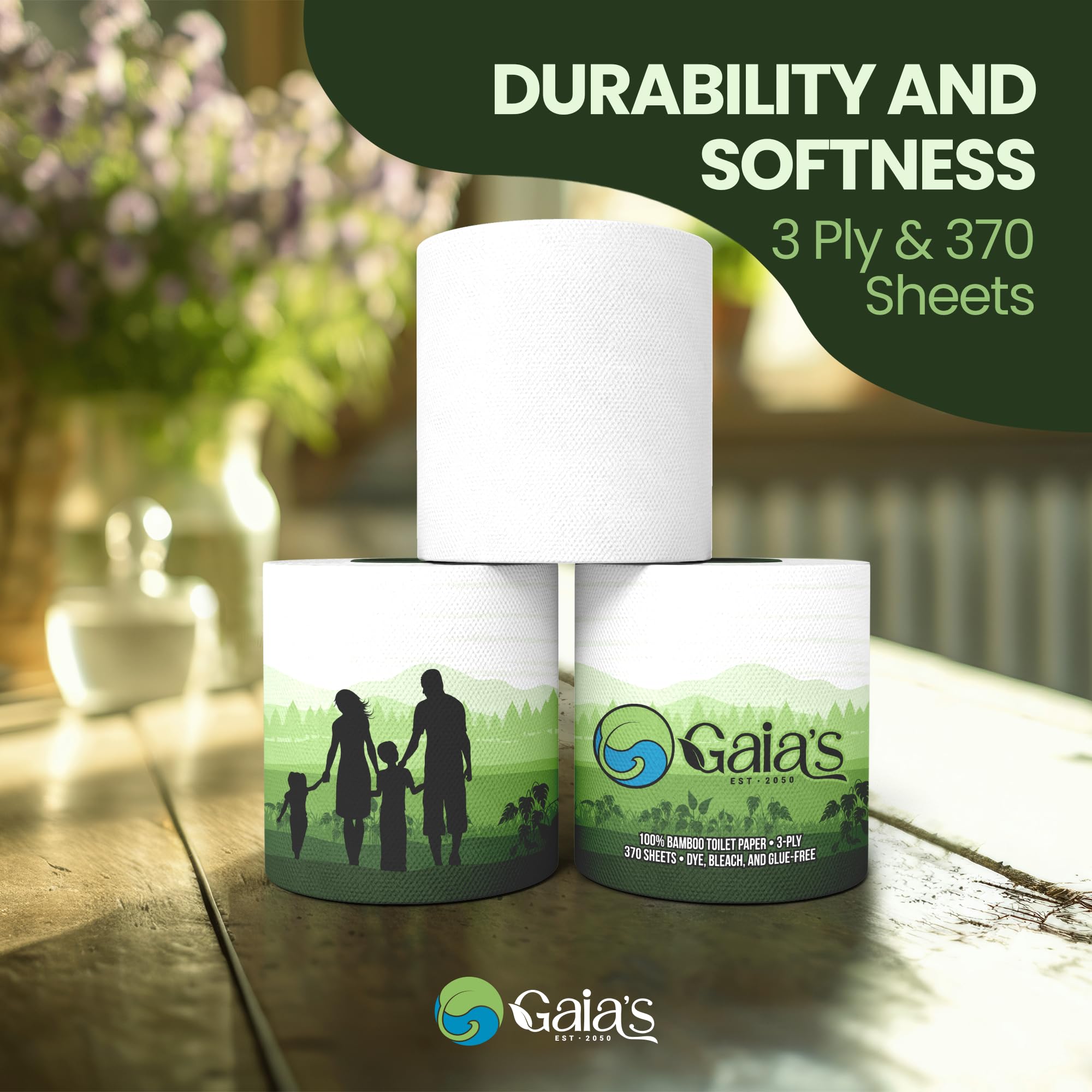 GAIA'S - Papel Higiénico de Bambú Orgánico Suave y de, 48 Megas Rollos, 3 Capas, 370 Hojas, Certificado FSC, Libre de PFAS y BPA, Ecológico, Papel Sostenible, Embalaje Sin Plástico, Seguro