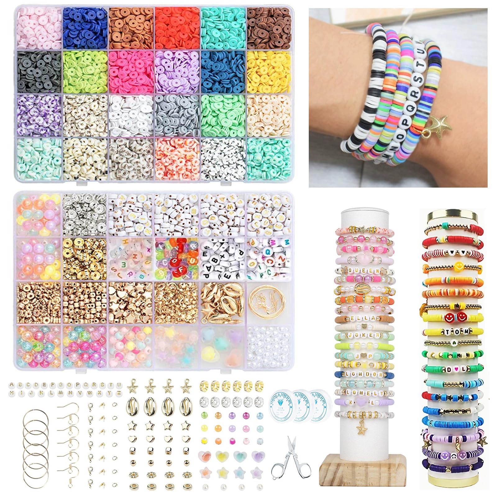 FIVAVA 7000+ Pcs Clay Beads Bracelet Making Kit,24 Colors Flat Round Polymer Clay Beads for Jewelry Making Bracelets Necklace with Letter Beads for DIY Crafts Gift