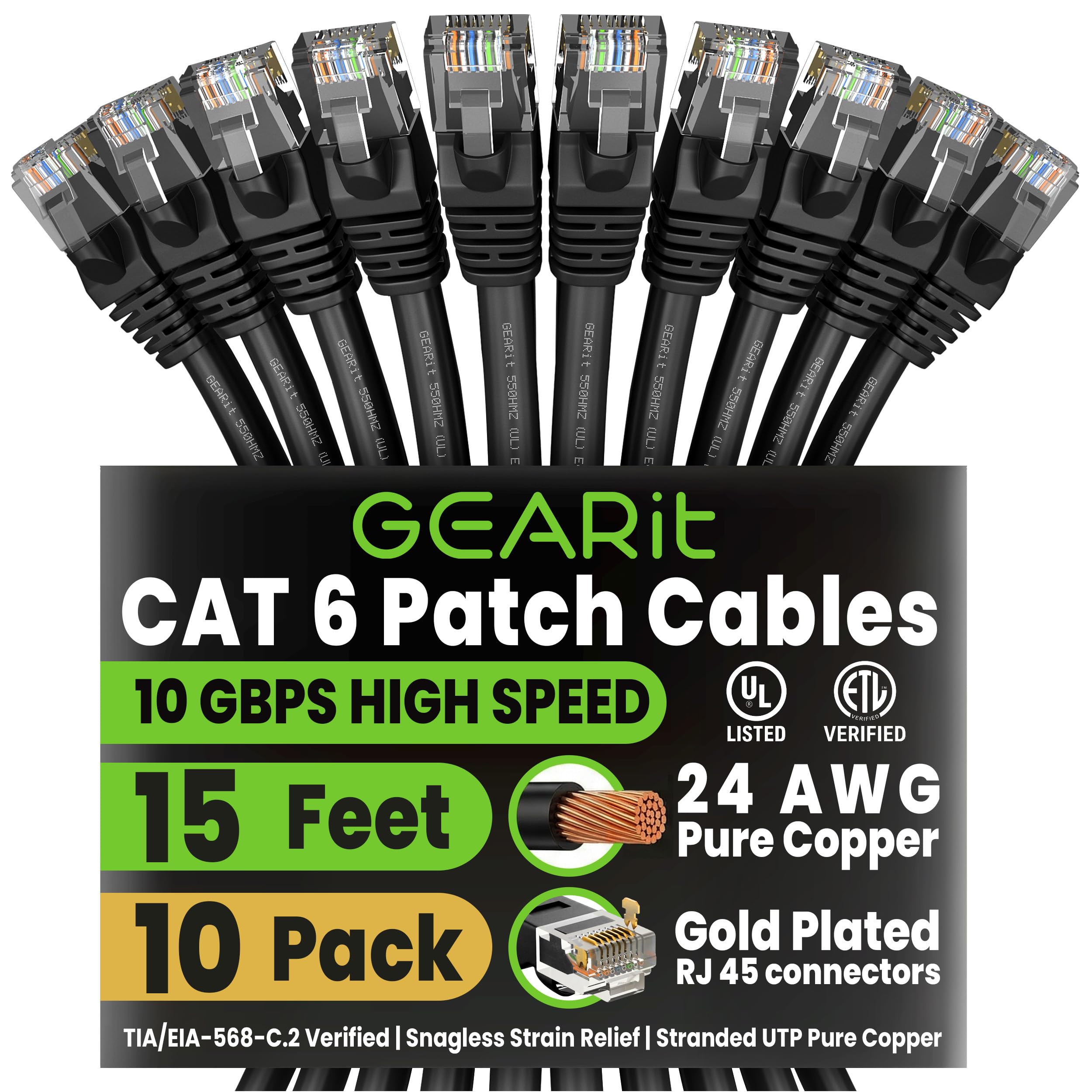 GearIT Lot de 10 câbles Ethernet Cat 6 – Cordon LAN Haut débit pour Jeux et Ordinateurs personnels – Câble de raccordement Cat6 avec connecteurs RJ45, 4,6 m, Noir
