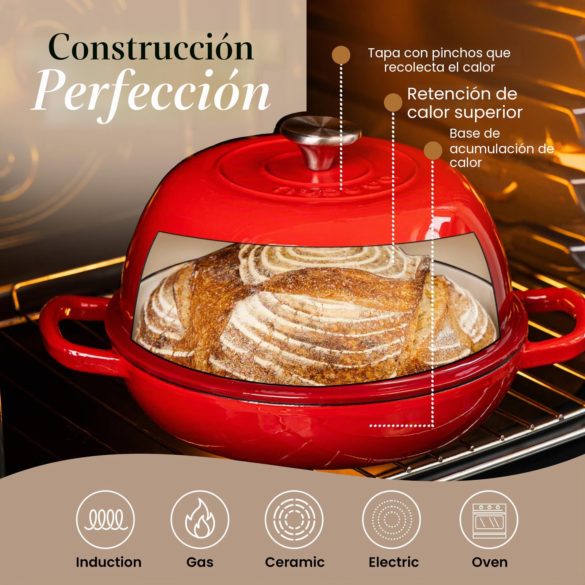 Olla Holandesa de Hierro Fundido Esmaltado – Cazuela para Hornear Pan de Masa Madre – Olla de Pan – Rojo, 5.7L, 22cm – by Nuovva