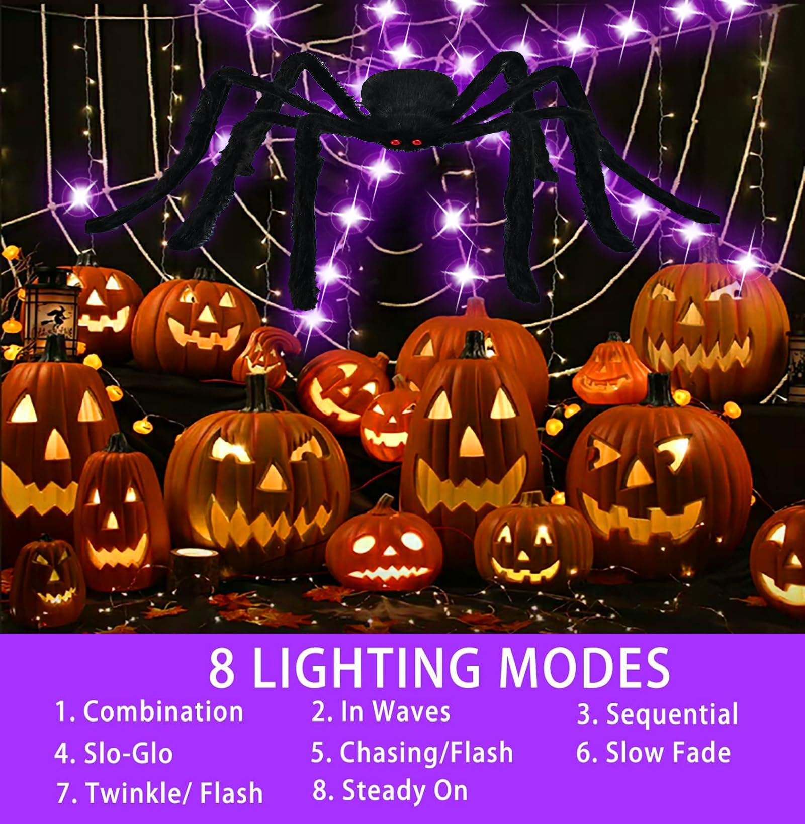Halloween Decoration Outdoor, 1.25 m Large Spider + 3.6 m Round Spider Web Luminous - Image 3