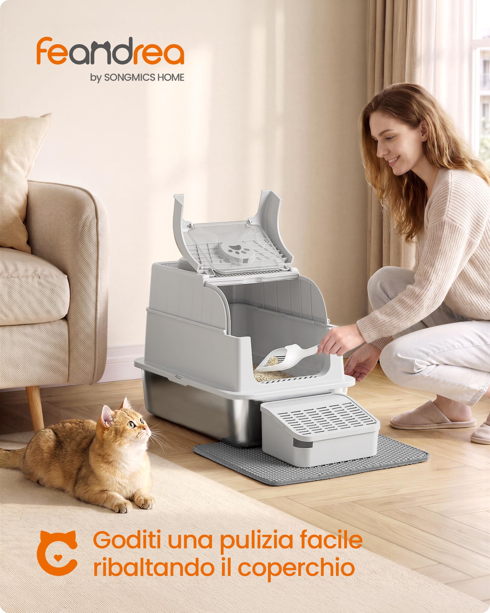 Feandrea Lettiera per Gatti in Acciaio Inox con Coperchio, Lettiera Chiusa, 2 Ingressi, Paletta e Spazzola, Toilette per Gatti fino a 15 kg, Grigio Chiaro PPT021G101