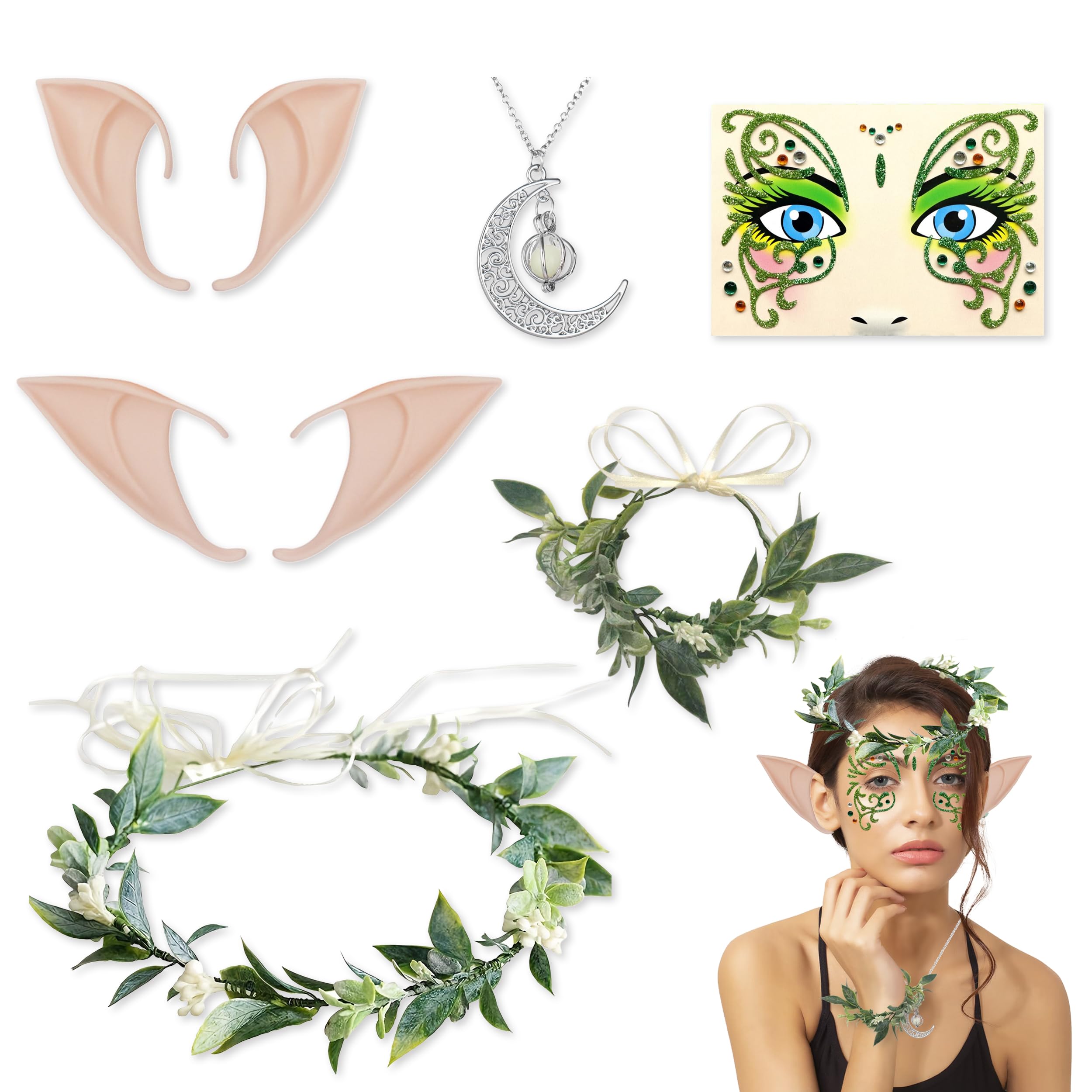 Set Copricapo Fatato LaVenty: Corona Argento, Orecchini E Orecchie Da Elfo Per Cosplay E Feste
