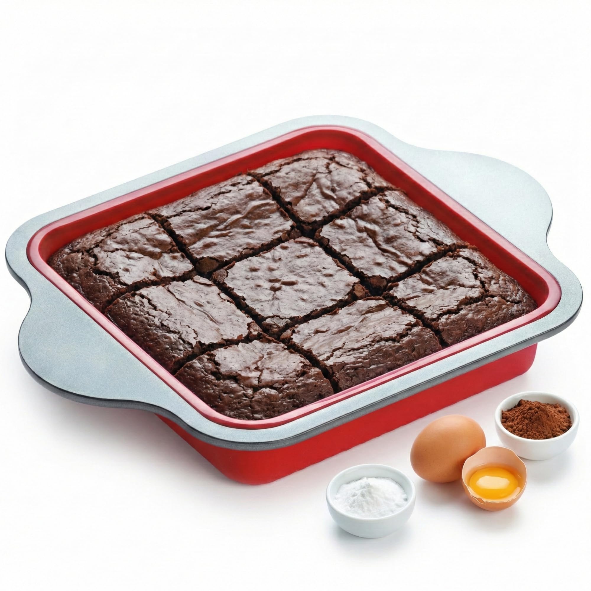 Boxiki Kitchen Non-Stick Silicone 8x8 Square Cake and Brownie Pan with Easy Grip Steel Frame Handles - Easy to Release, Oven & Dishwasher Safe