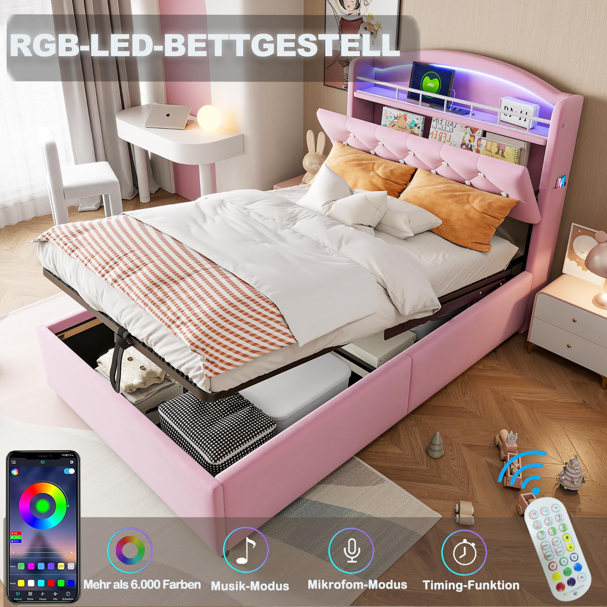 Letto imbottito per bambini,90x200cm,3 USB+C,illuminazione a LED,contenitore idraulico,contenitore e tasche laterali,letto multifunzionale,letto singolo,velluto,senza materasso,Rosa
