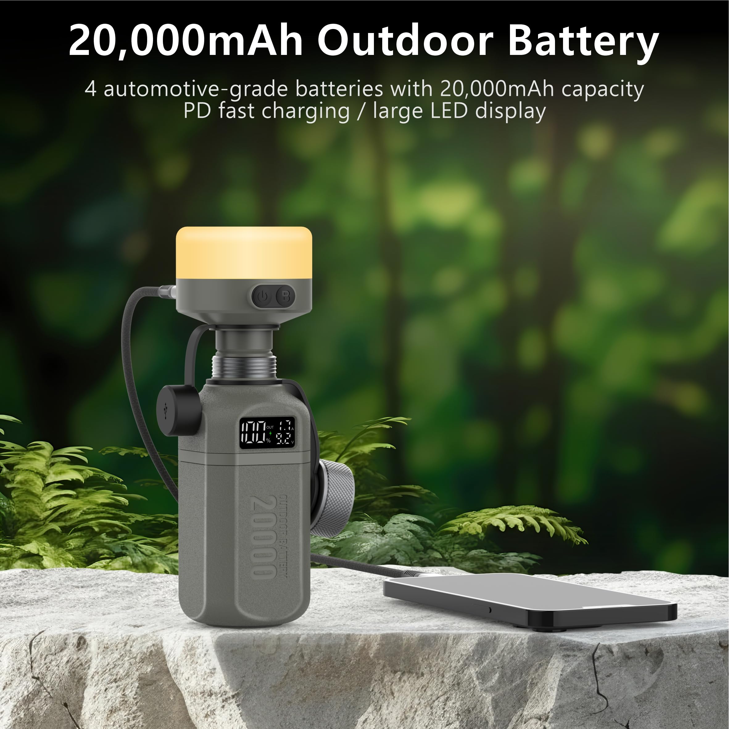 Banco de energía resistente de 20.000 mAh con carga rápida USB-C PD, IP68 impermeable a prueba de golpes, incluye linterna de camping de 420 lm, cargador táctico al aire libre para senderismo