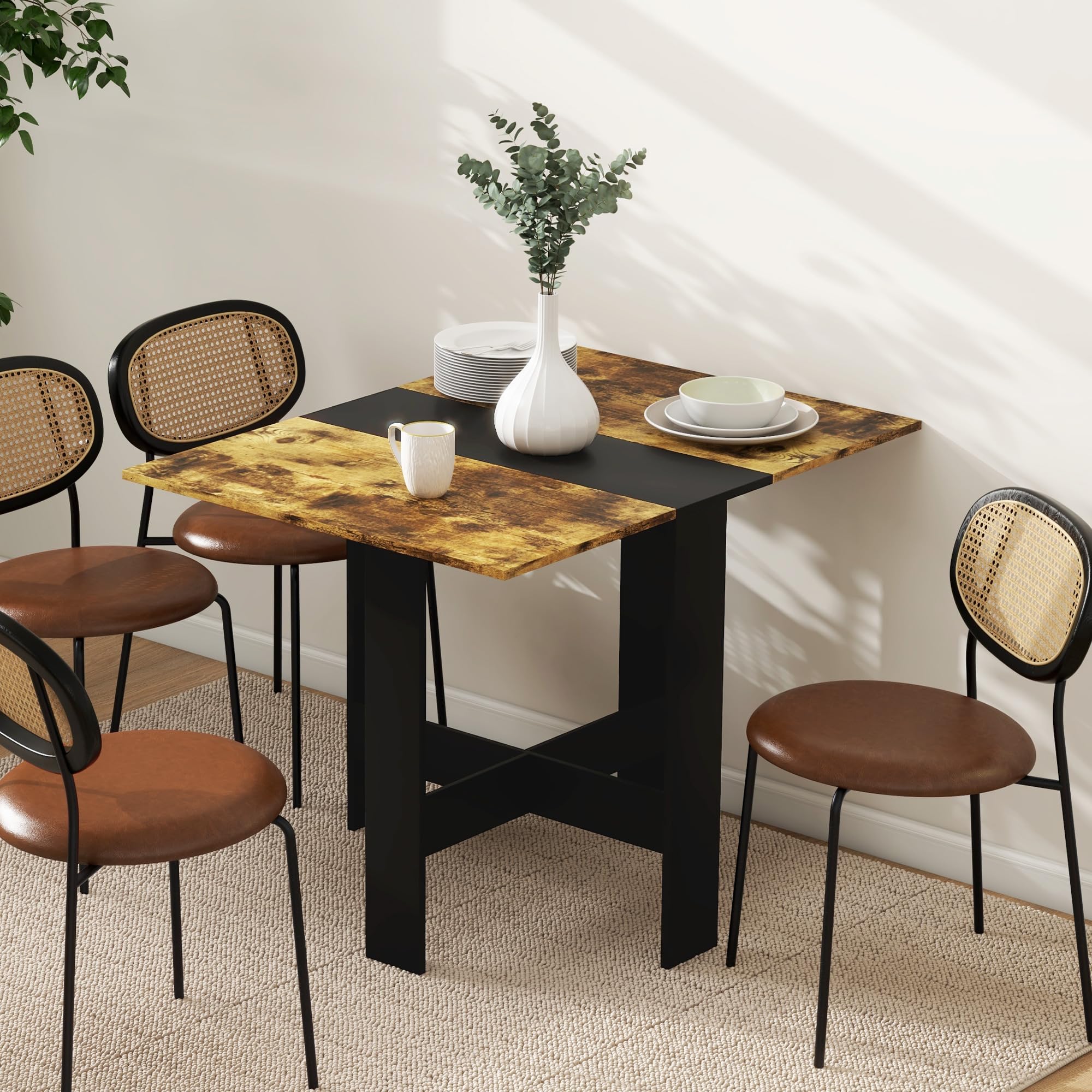 HOMCOM Mesa Plegable de Comedor Alas Abatibles Negro y Marrón Rústico | Mesa de Cocina Plegable, con Alas Abatibles, para Salón, Espacio Pequeño, 103x76x73,5cm