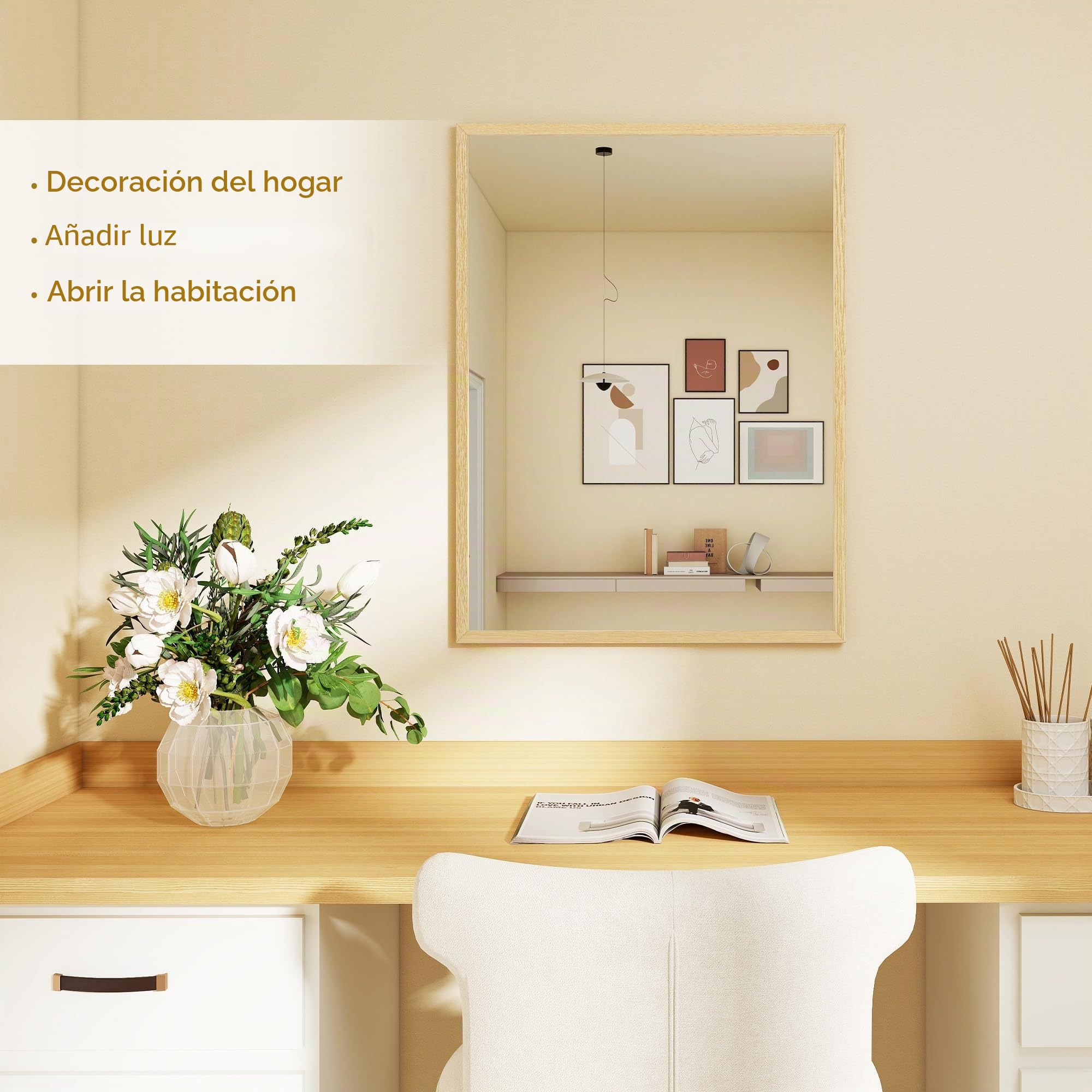 HOMCOM Espejo de Pared Rectangular 60x80 cm Marco de Madera Natural