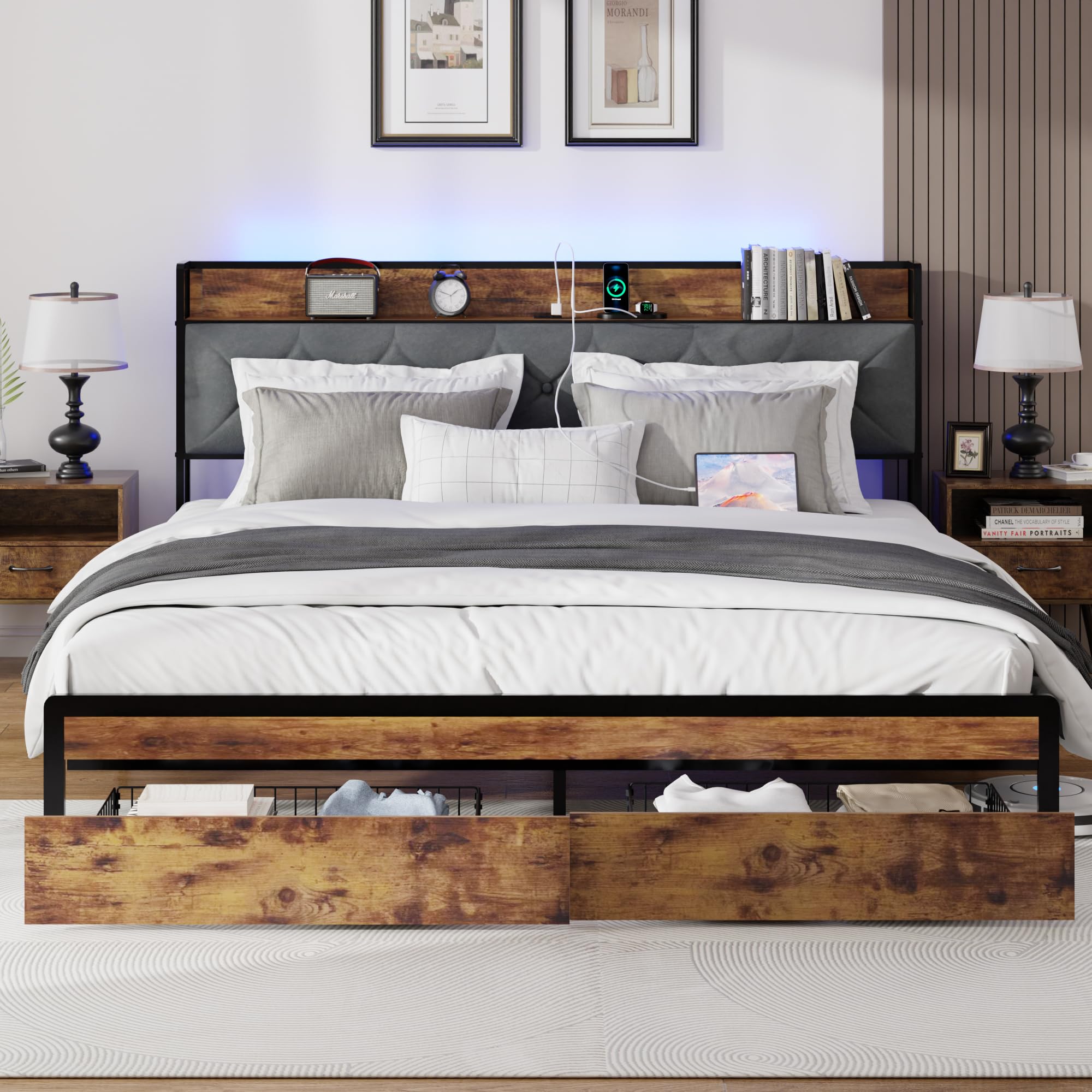 King Size Metal Platform Bed Frame with 2 Storage Drawers, LED Light, Velvet Headboard with USB Port - Heavy Duty, Brown Wooden Panel, No Box Spring