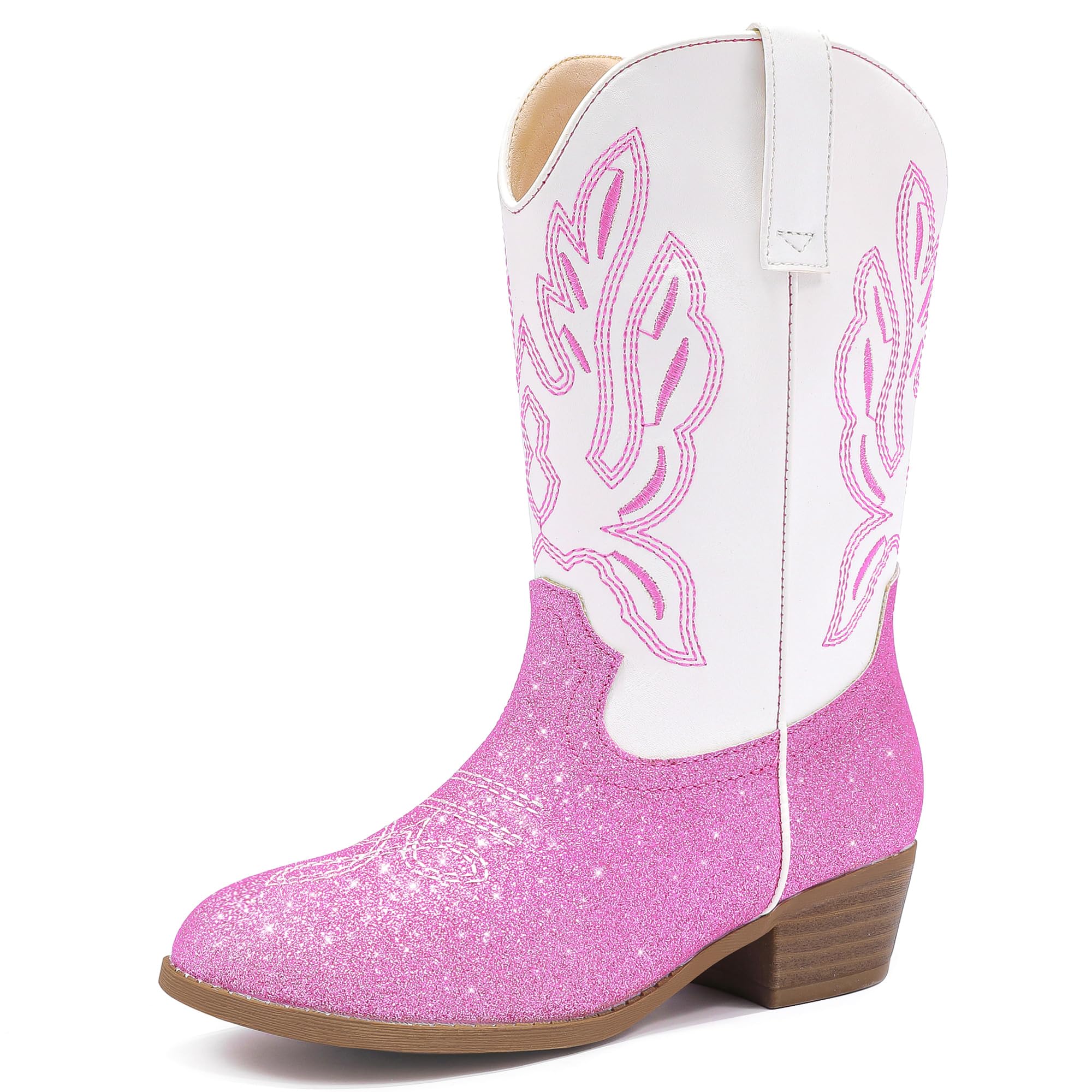 LAURMOSA Cowgirl Boots for Little Girls Mid Calf Pointed Toe Kid Cowboy Boots Side Zipper Classic Embroidered Western Boots Horse Riding Shoes Party