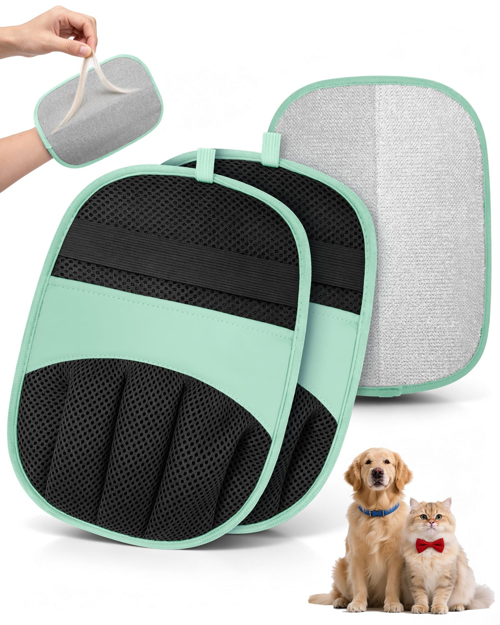 2er Pack Tierhaarentferner Handschuh, Fell Magnet Handschuh für Hunde & Katzen, Waschbares Elektrostatisches Netzgewebe, Fellpflege & Haustierpflege, Enthaarung für Sofa, Teppich, Kleidung (Grün)