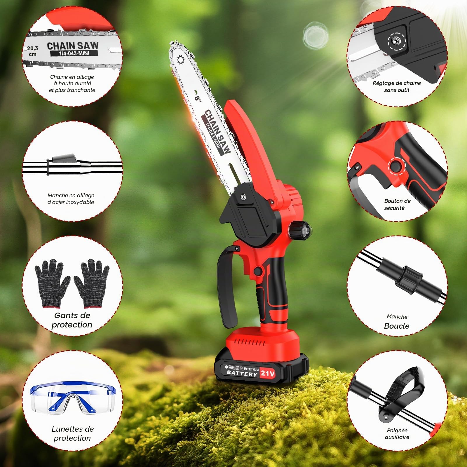 2 en 1 Élagueuse sur Perche Sans Fil, Télescopique Élagueur, 180CM Tronconneuse Electrique 6 Pouces avec 2 Batteries 1500mAh, 2 Chaînes, Gant, Lunettes, pour Jardin, Branches, Bois