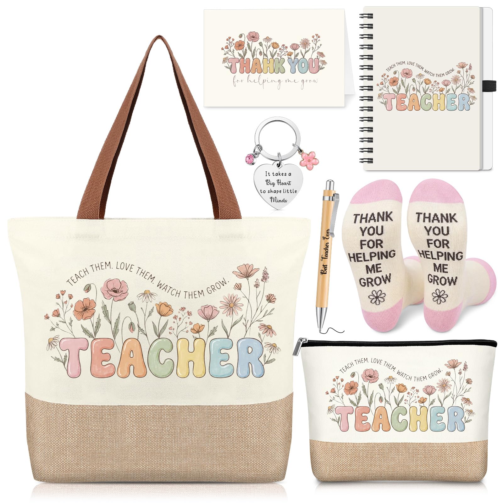 Hestya 7 Pcs Thank You Teacher Appreciation Gifts for Women Jute Canvas Tote Bag Cosmetic Bag Notebook Ballpoint Pen Best Teacher Socks Keychain Thank You Card for Teacher's Day End of The Semester