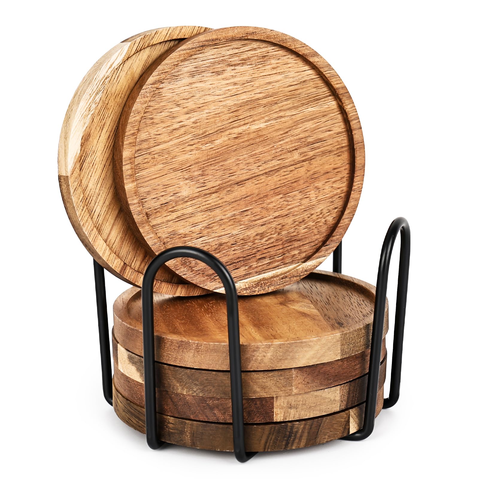 XTDMJ 6 posavasos redondos de madera de acacia con soporte, posavasos de cristal posavasos de corcho para té, bebidas, tazas, latas, vasos