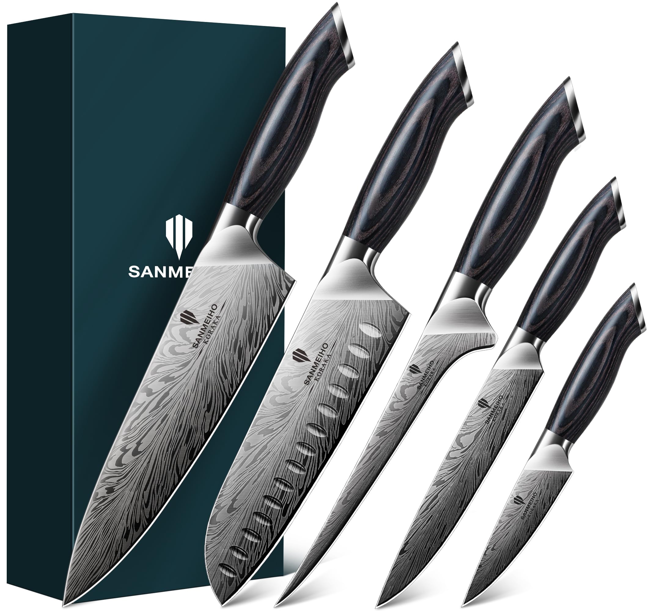 SANMEIHO Küchenmesser Set Japanisch 5-Teilig Pulverstahl, Profi Messer Set
