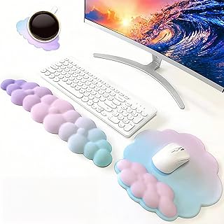 17 in Cloud Keyboard Wrist Rest, 3Pcs Mouse Pad Wrist Support Set with Ergonomic Memory Foam, Coaster Anti-Slip Base, Palm for Home Office Laptop Desktop Computer, Easy Typing Pain Relief (Color Pink)