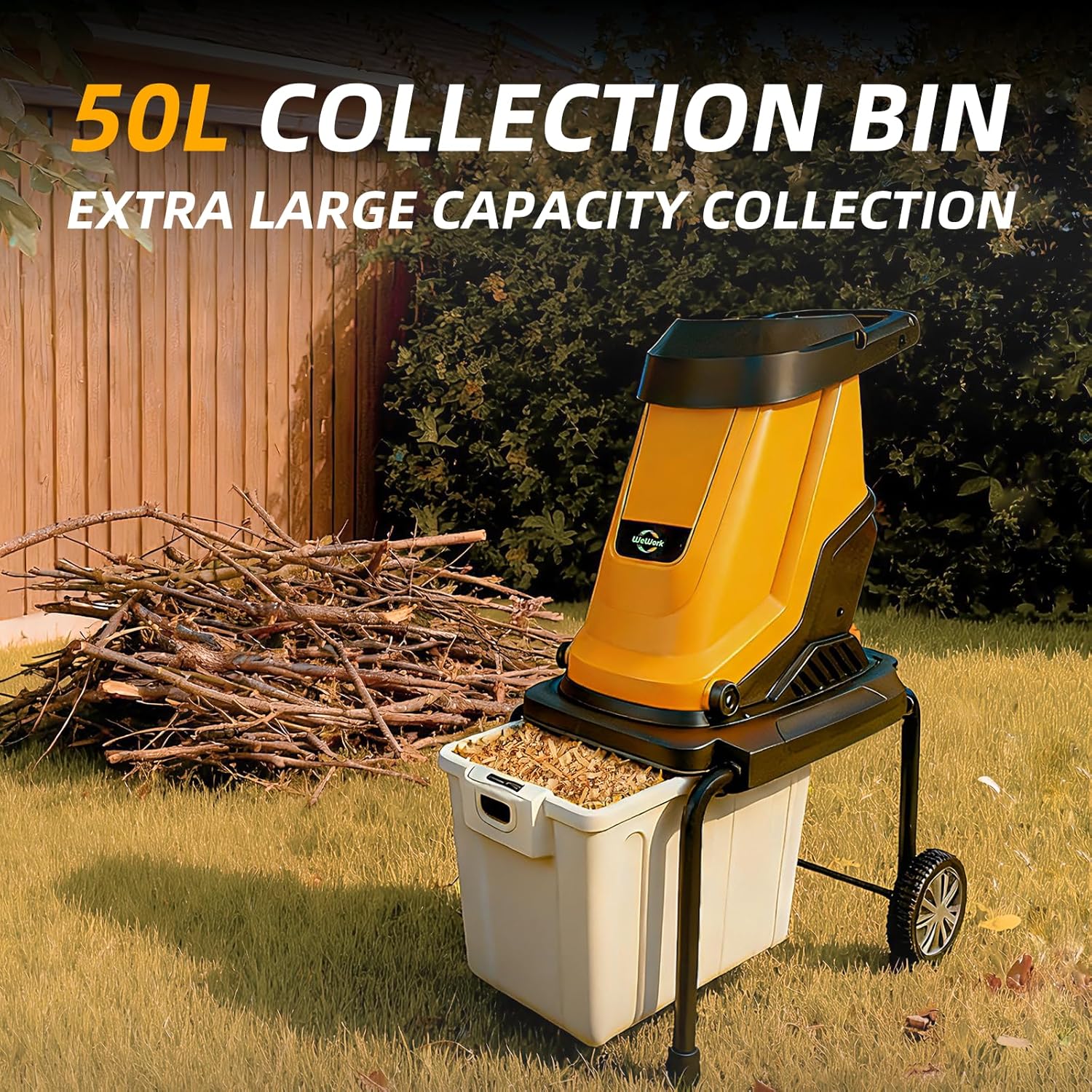 15-Amp Electric Wood Chipper Shredder with 50L Collection Bin, 1.8-Inch Cutting Diameter for Yard Waste & Branches, Efficient Mulcher for Composting, 15:1 Reduction Ratio