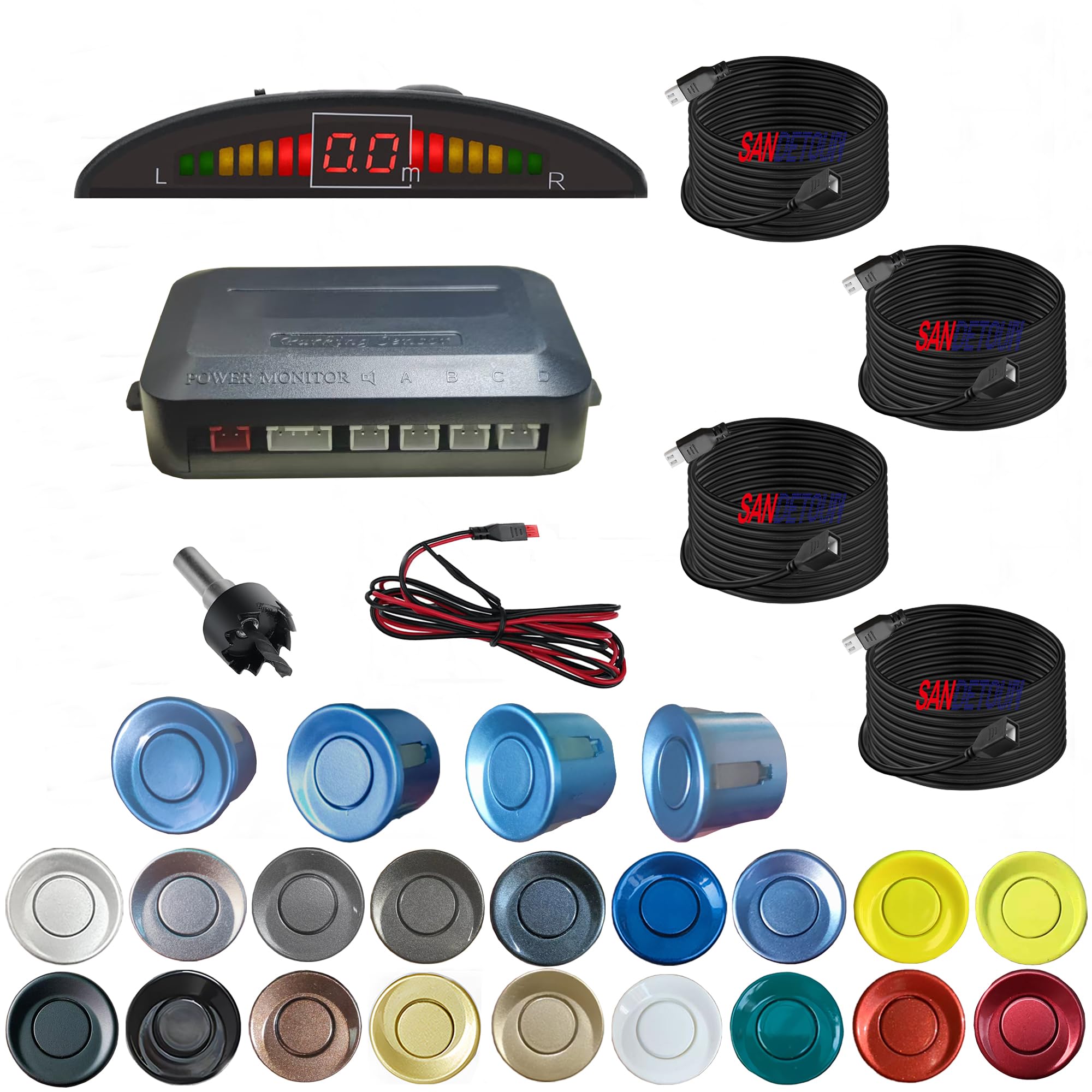 Parking Sensor Kit Backup Sensor Kit Reverse Sensor for Pickup &amp; Extended Vehicles - 4 x 2.3m Sensors + 4 x 4.5m Extension Cables, 24V Compatible (Voltage Reducer Sold Separately)Light Blue