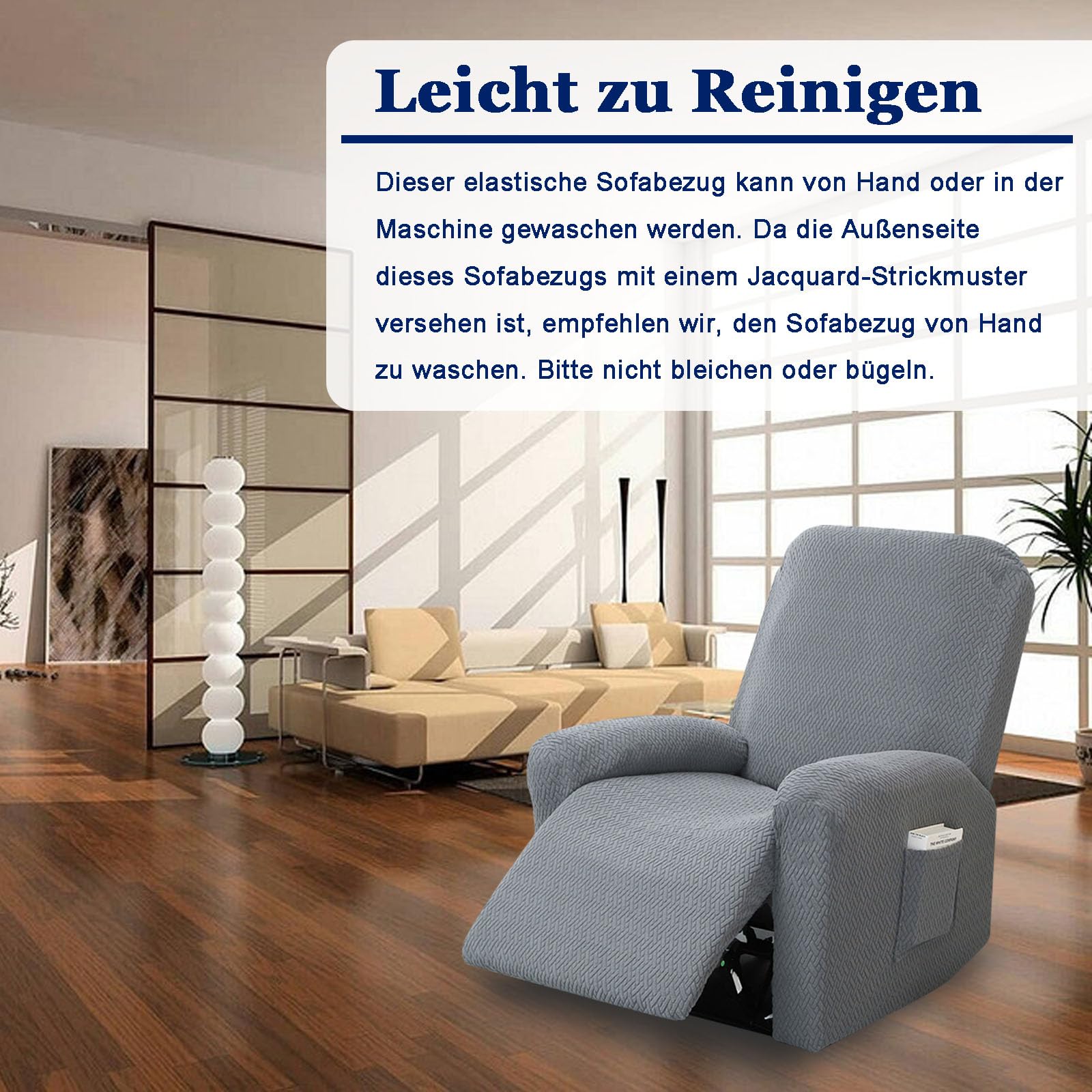 Fodera per Poltrona Relax, 4 pezzi All Inclusive Copridivano per Sedia a Sdraio con Tasche, Fodere per Poltrona Reclinabile Elasticizzato, Copridivano Elastico in Peluche(Grigio Chiaro)