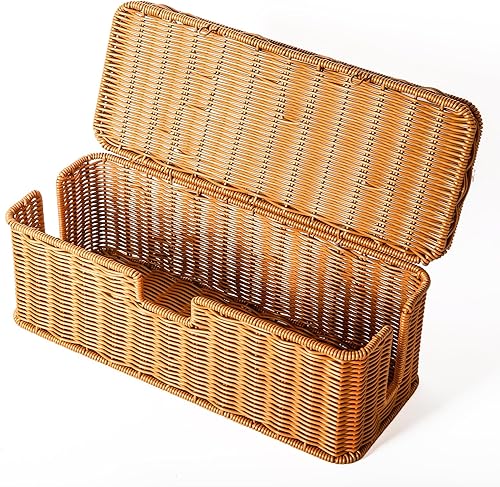 Miniatura 6 de Caja de organización de cables hecha a mano, cesta organizadora de cables de ratán con tapa de barra de borde, 3 ranuras abiertas, caja oculta,